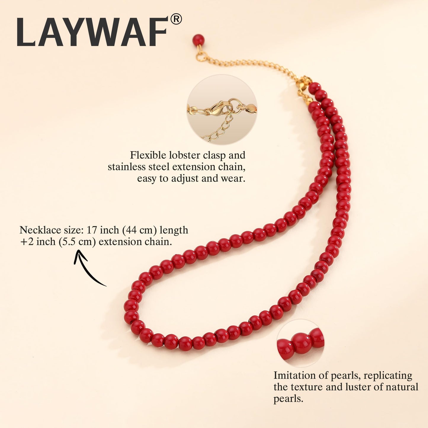 LAYWAF Red Imitation Pearl Carnelian Necklace for Women, Fake Pearl Choker Necklace, 6MM Beaded Necklace, Simple Faux Pearl Costume Jewelry for Mom Wedding Bride Bridal