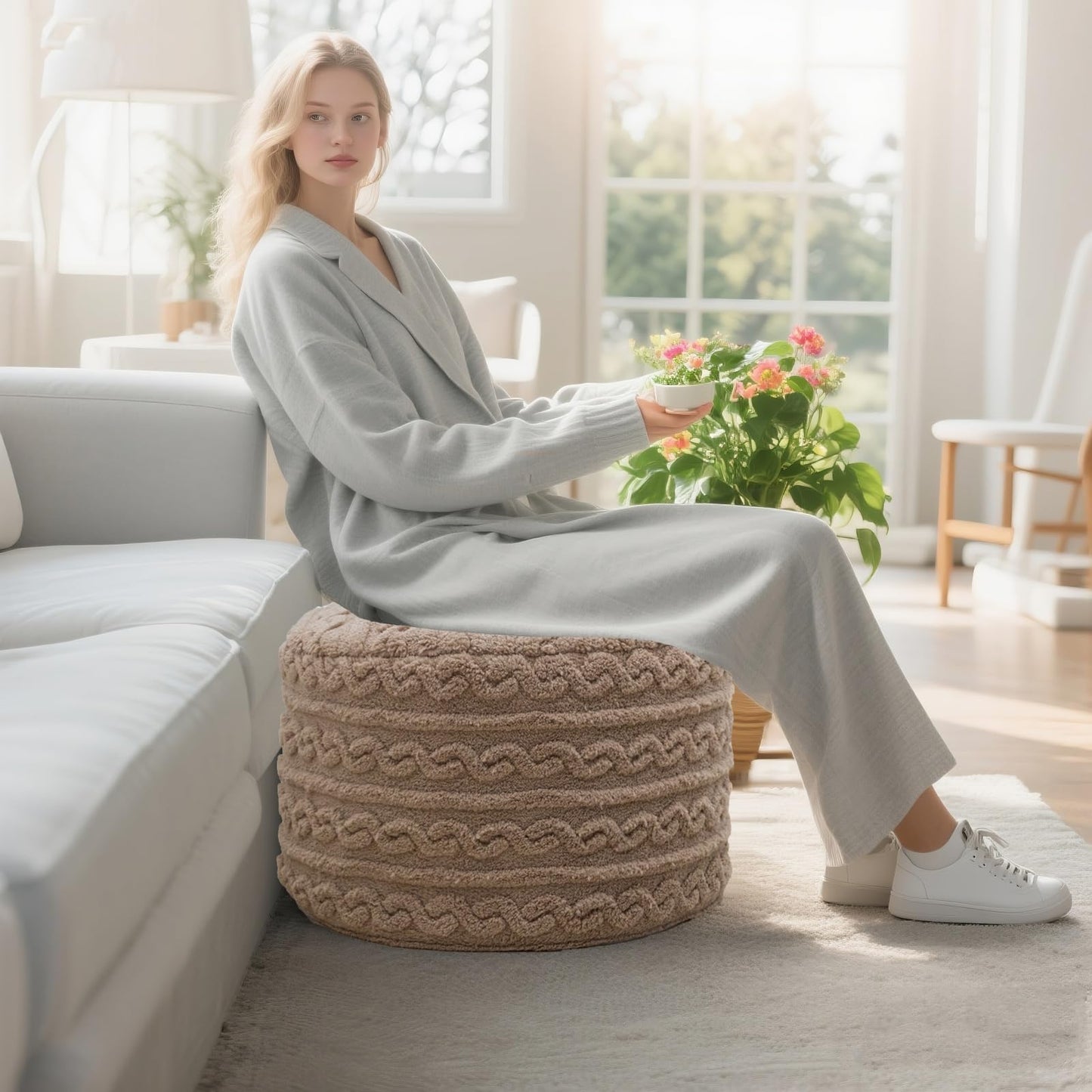 Asuprui Round Pouf Ottoman Stuffed Foot Stool Floor Pouf Chair for Living Room Bedroom Filled One Piece High Resiliency Foam Boho Poof Foot Rest for Couch 20 Diameter x 12 Height Coffee with Filler