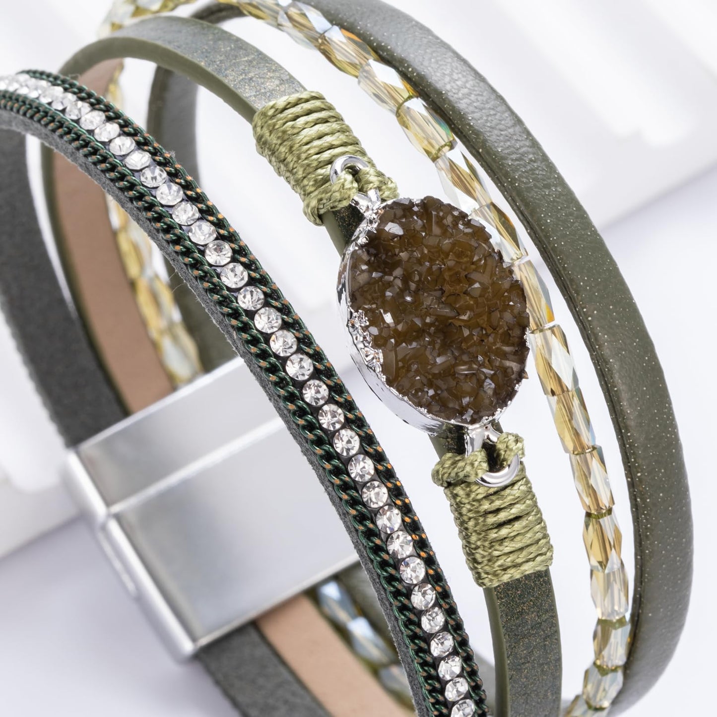FANCY SHINY Boho Leather Wrap Bracelet Stackable Chunky Crystal Cuff Bracelets with Magnetic Clasp Cowboy Cowgirl Western Summer Beach Outfits Jewelry Gifts for Women (7.7", Green)