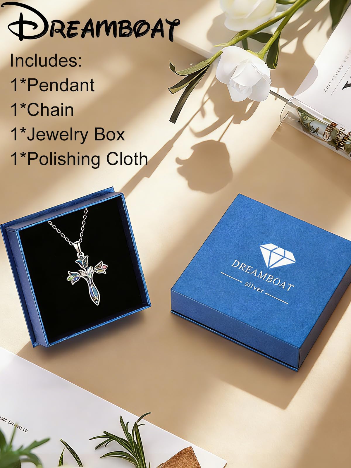 Dreamboat Abalone Flower Cross Necklace for Women 925 Sterling Silver Cross Pendant Tulip Necklace Abalone Jewelry Christianity Religious Confirmation Baptism Gifts for Women