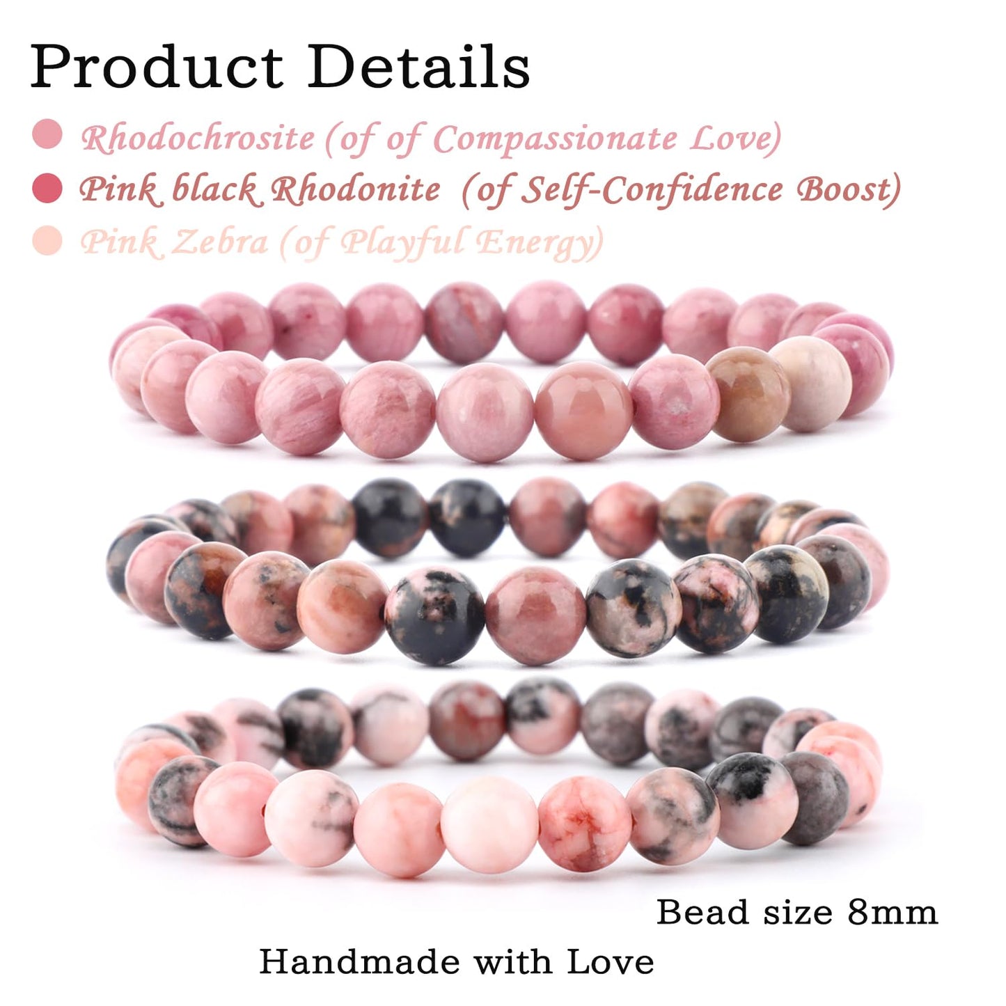 CMBYN 3-Pieces 8mm Natural Crystal Gemstone – ﻿Rhodochrosite, Pink Zebra, Pink Black Rhodonite Handmade Reiki Energy Healing Stretch Bracelets Jewelry for Yoga, Meditation, Unisex