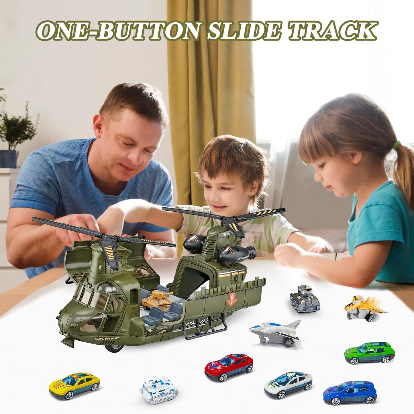 Yiwsnust Military Helicopter Toys Set with Light - Friction Powered Transport Helicopter Toy with Army Tanks, Airplanes, Mini Cars - Army Toys Military Playset Christmas Birthday Party Gifts for Kids