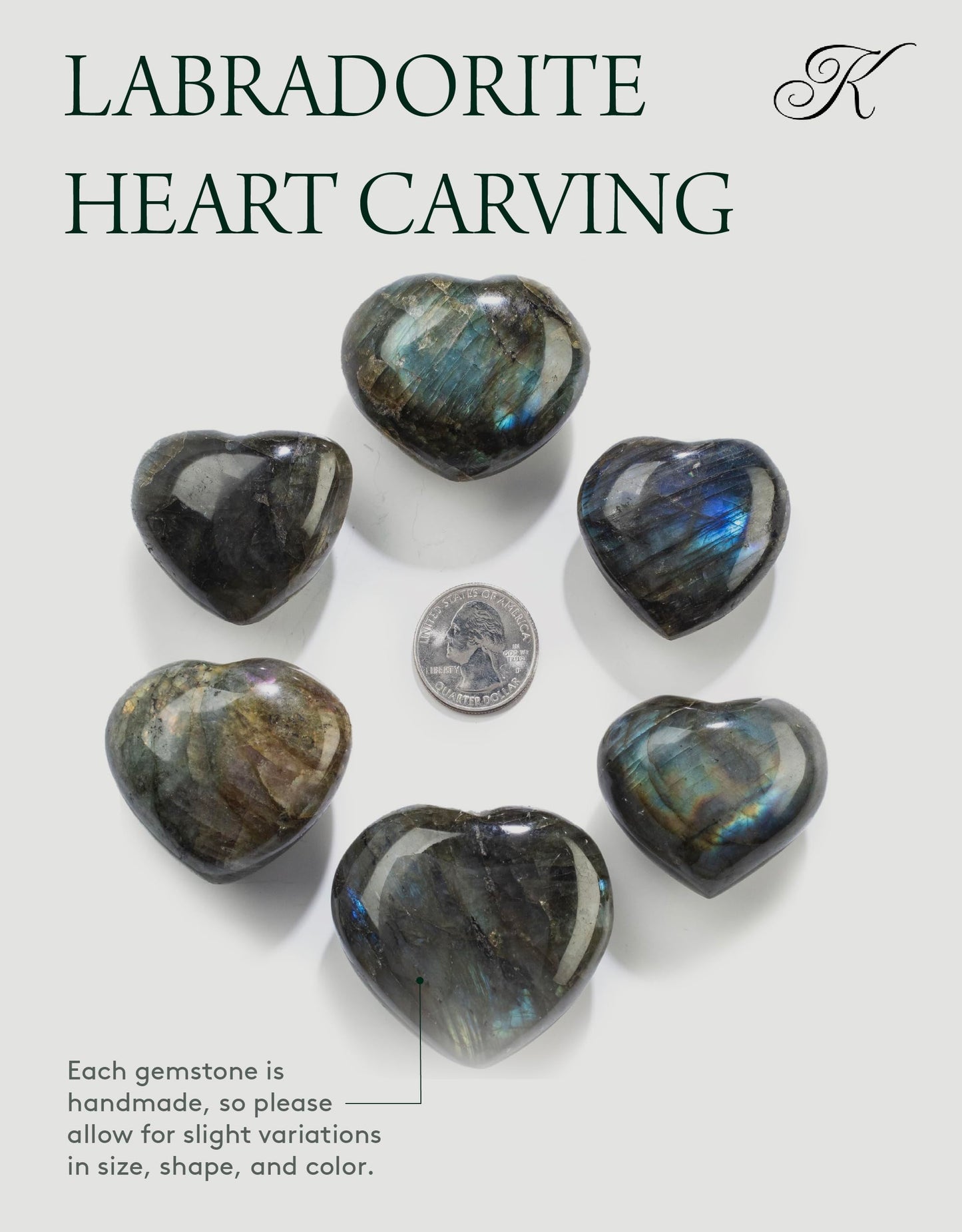KALIFANO Labradorite Heart - Worry Stone with Healing & Calming Effects - AAA Grade High Energy Labradorita with Information Card - Reiki Crystal Carving Used for Cleansing