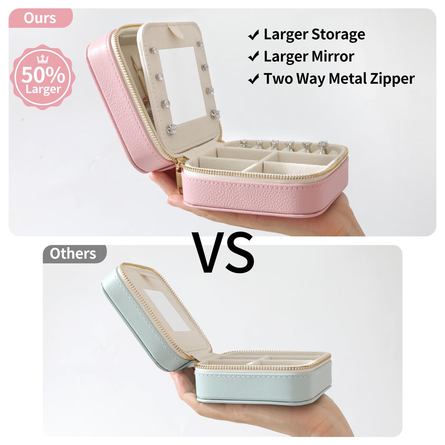 NGVRC Genuine Leather Travel Jewelry Organizer Case with Mirror for Women, Small Mini Portable Jewelry Box for Ring Earrings Necklace Bracelet Luxury Gift for Women（Lilac）