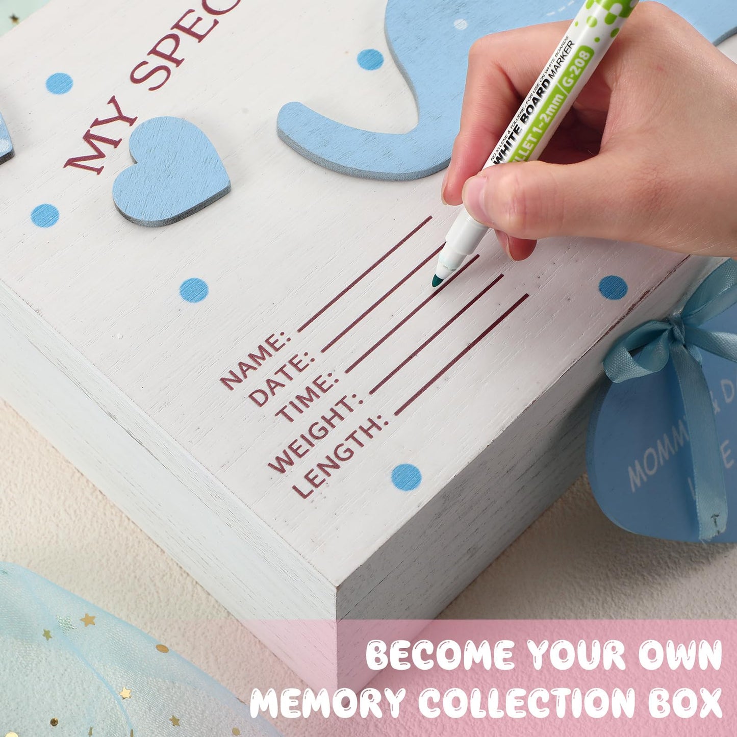 Soaoo 3D Wooden Baby Boys Memories Keepsake Box Baby Girls Elephant First Keepsake Box New Parent Newborn Baptismal Birthday Gift for Mementos 11.81'' x 7.87'' x 3.94''(Blue)