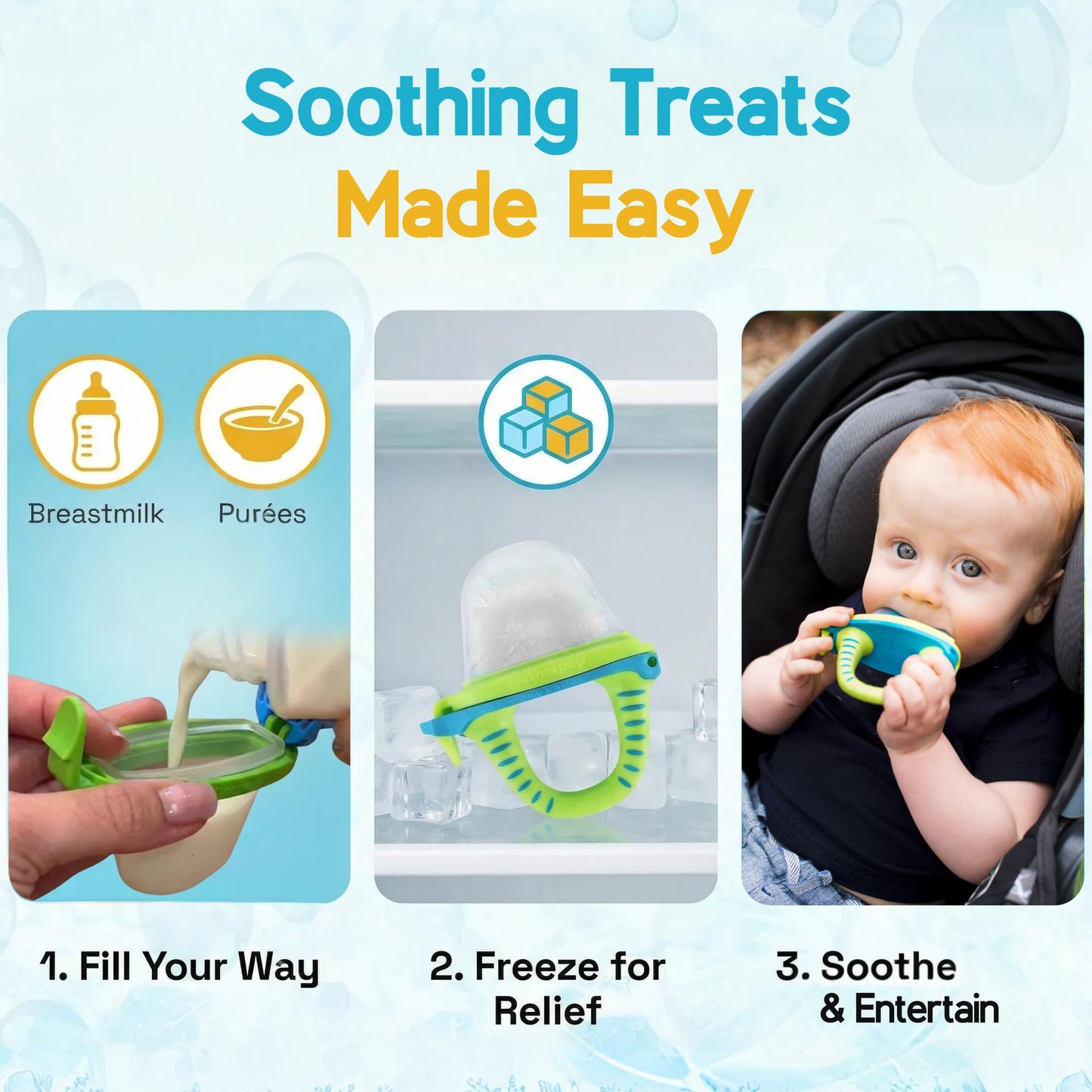 Teetherpop Fillable Freezable Teethers for Babies - Breastmilk Teether with Spill-Proof Sippy Slits – Teething Popsicle for Baby, Liquids & Purées, Cooling Teething Relief Feeder Pacifier - BlueLime