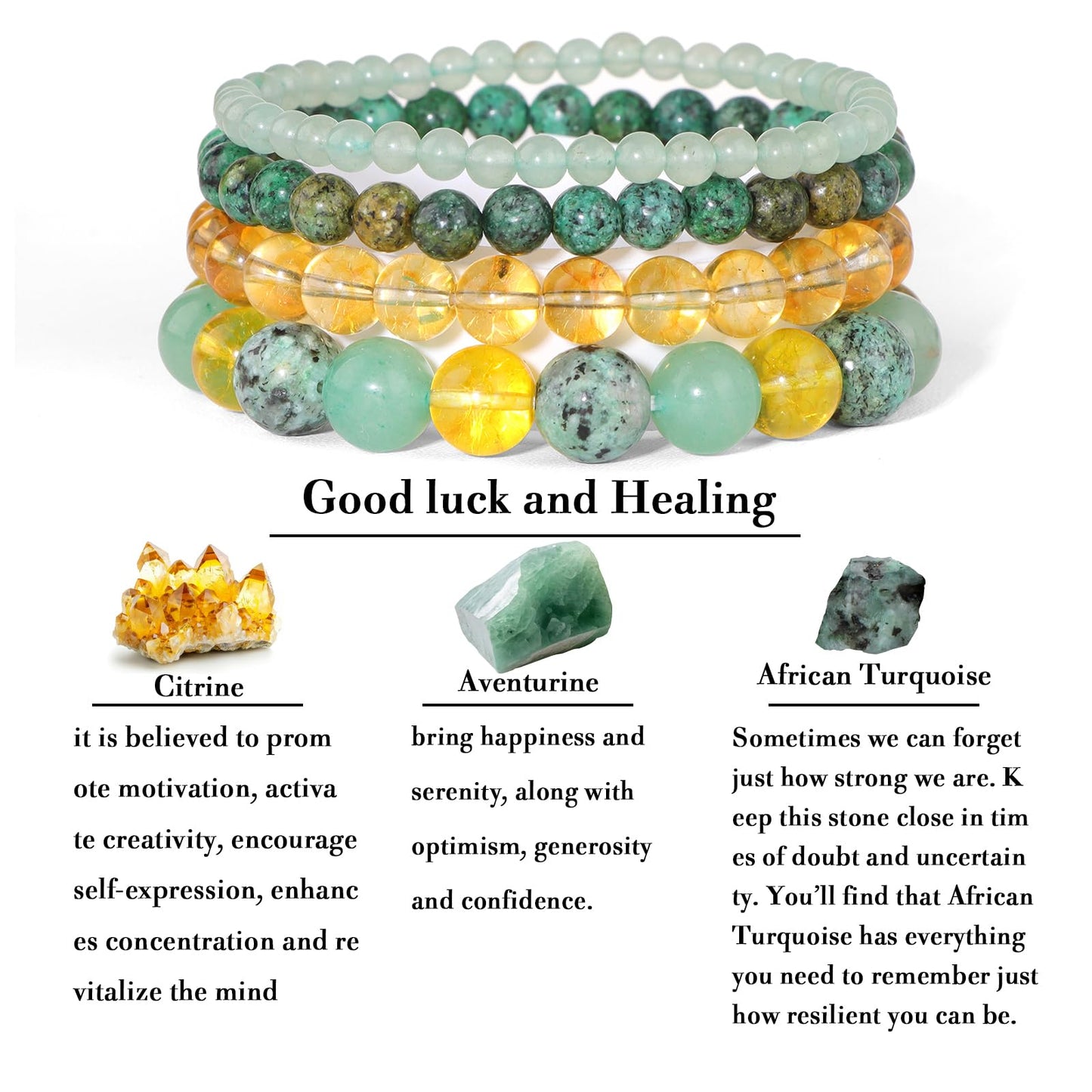 Vinswet 4pcs Natural Stone Beaded Bracelets for Women Men,Healing Crystal Gemstones Stretch Bracelet,4mm 6mm 8mm 10mm Aventurine African Turquoise Citrine Anxiety Stress Relief Bracelet Jewelry Gifts