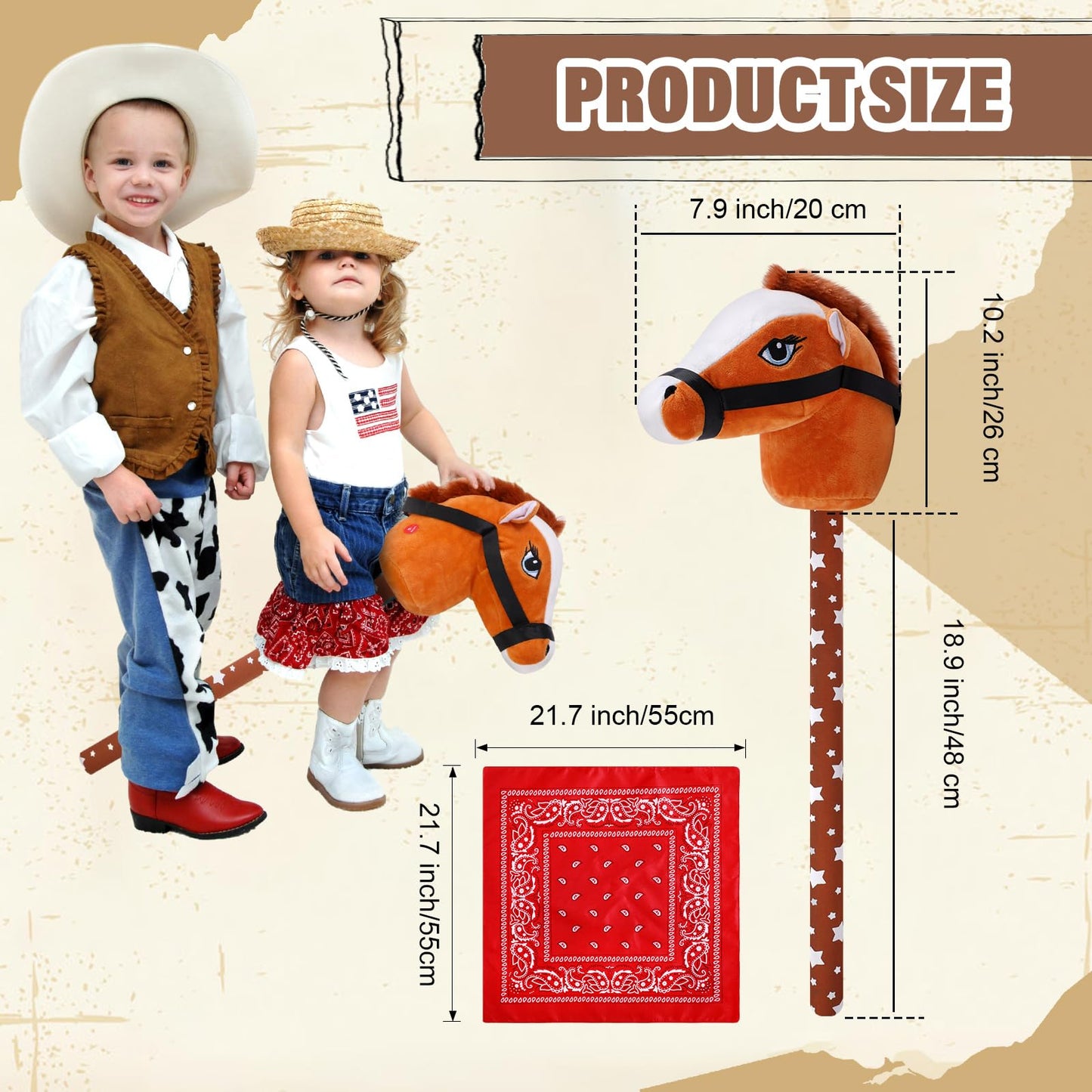 Poen 4 Pack Light Brown Horse Stick with Sound Red Bandana Set 27.6'' Toys Stick Horse Western Cowboy Bandana Head with Neighing Sound for Boys Girls Fun Pretend Games Son Daughter(Brown and Red)