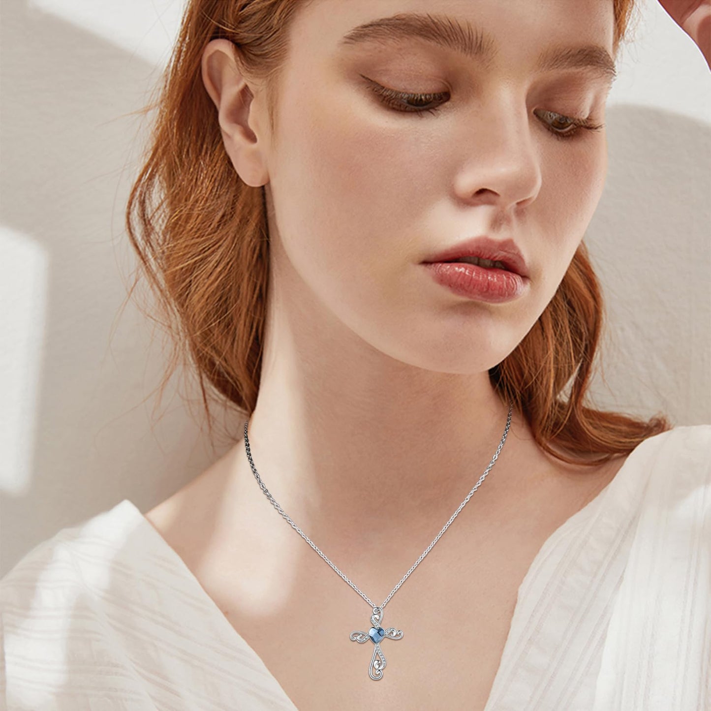Twoowl Cross Necklace for Women 925 Sterling Silver Faith Birthstone Cross Pendant Necklace Cross Crucifix Religious Jewelry Gifts for Women