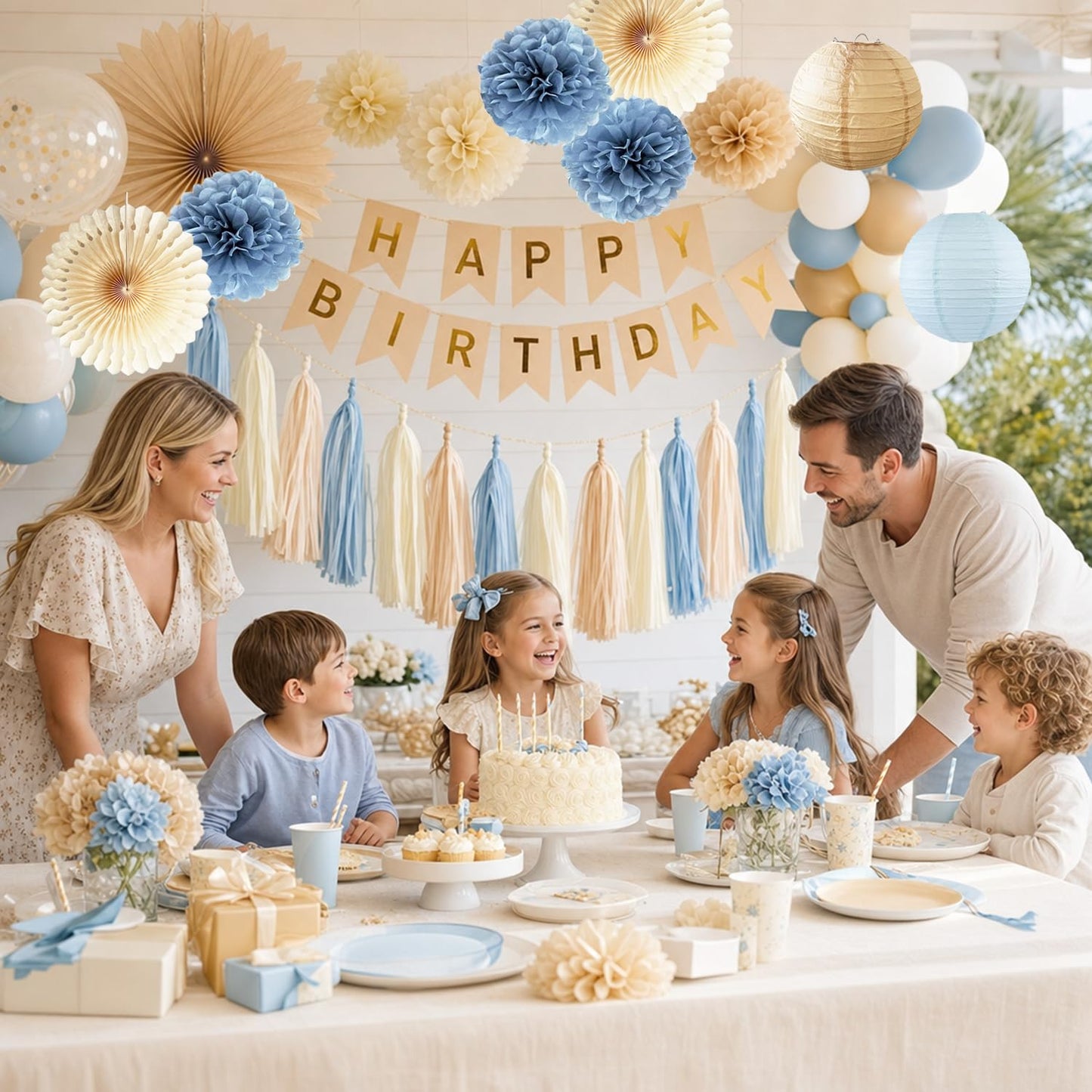 Dusty Blue Beige Champagne Birthday Decoration for Women Girl Boy Boho Neutral Happy Banner Tissue Pom Poms Paper Lanterns Fans Tassel Garlands Wedding Baby Shower Blue Birthday Party Decorations