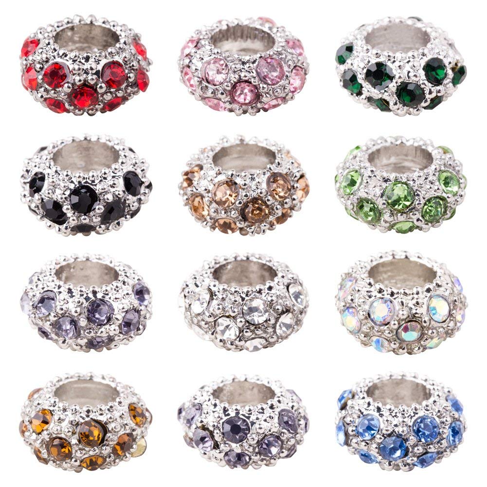 PH PandaHall 100pcs Rhinestone Large Hole European Beads, Platinum Mixed Color Crystal Rondelle Spacer Beads Fit European Snake Chain Charms Bracelet(11x6mm, Hole: 5mm)