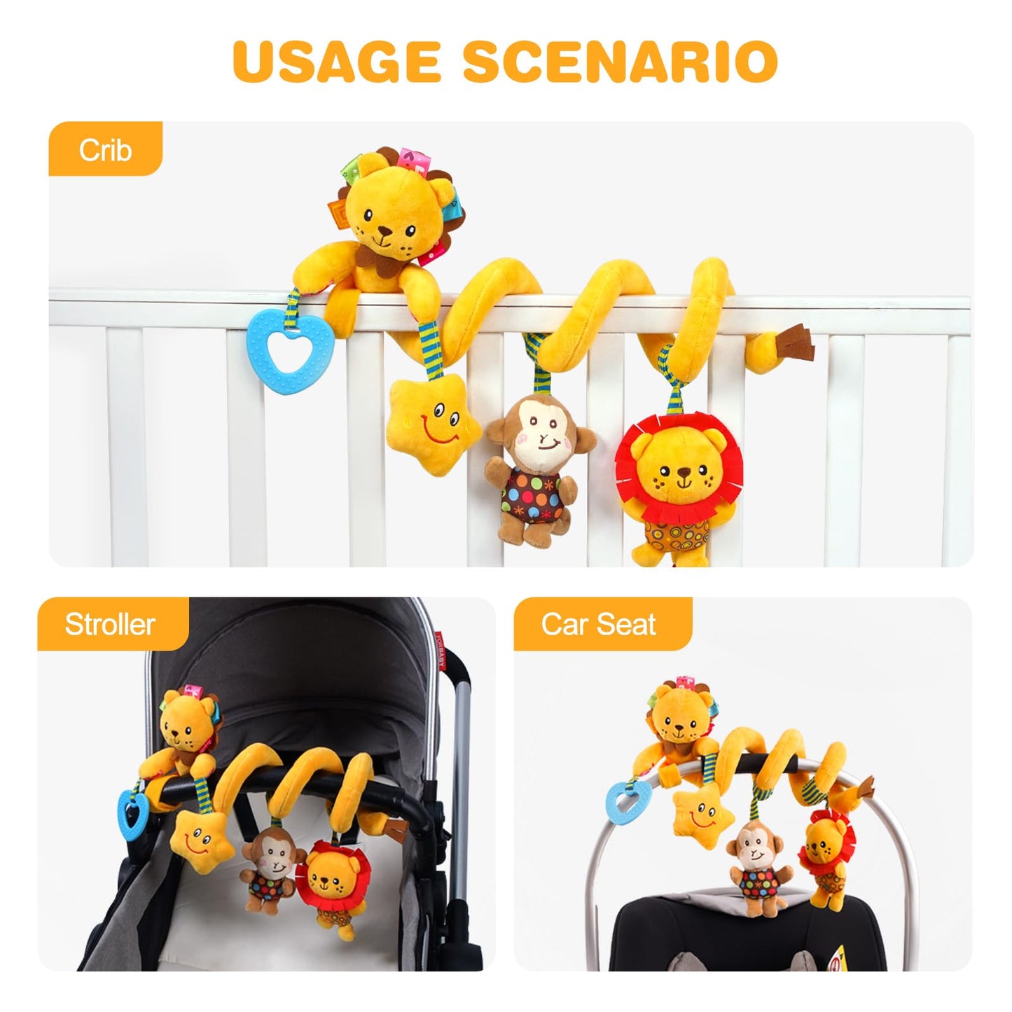 Jollybaby Crib Stroller Car Seat Toys for Baby 0-3-6-9-12 Months, Tummy Time Hanging Sensory Toys for Newborn with Music Box and Teether, Spiral Carseat Toy for Baby Boys Girls Gifts (07-Little Lion)