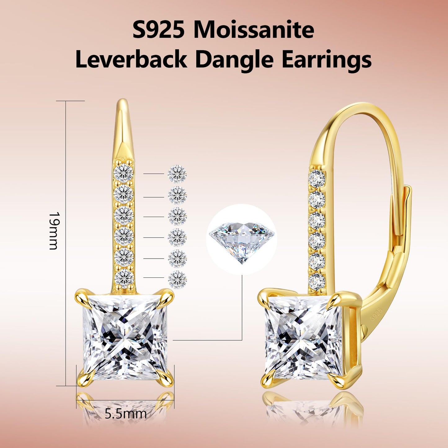 KRKC Moissanite Earrings, 1.0ct-2.0ct D Color Lab Created Diamond Earring, 14k White Gold Plated Sterling Silver Dangle Earrings S925 Leverback Drop Earring for Women Hypoallergenic Jewelry for Gifts