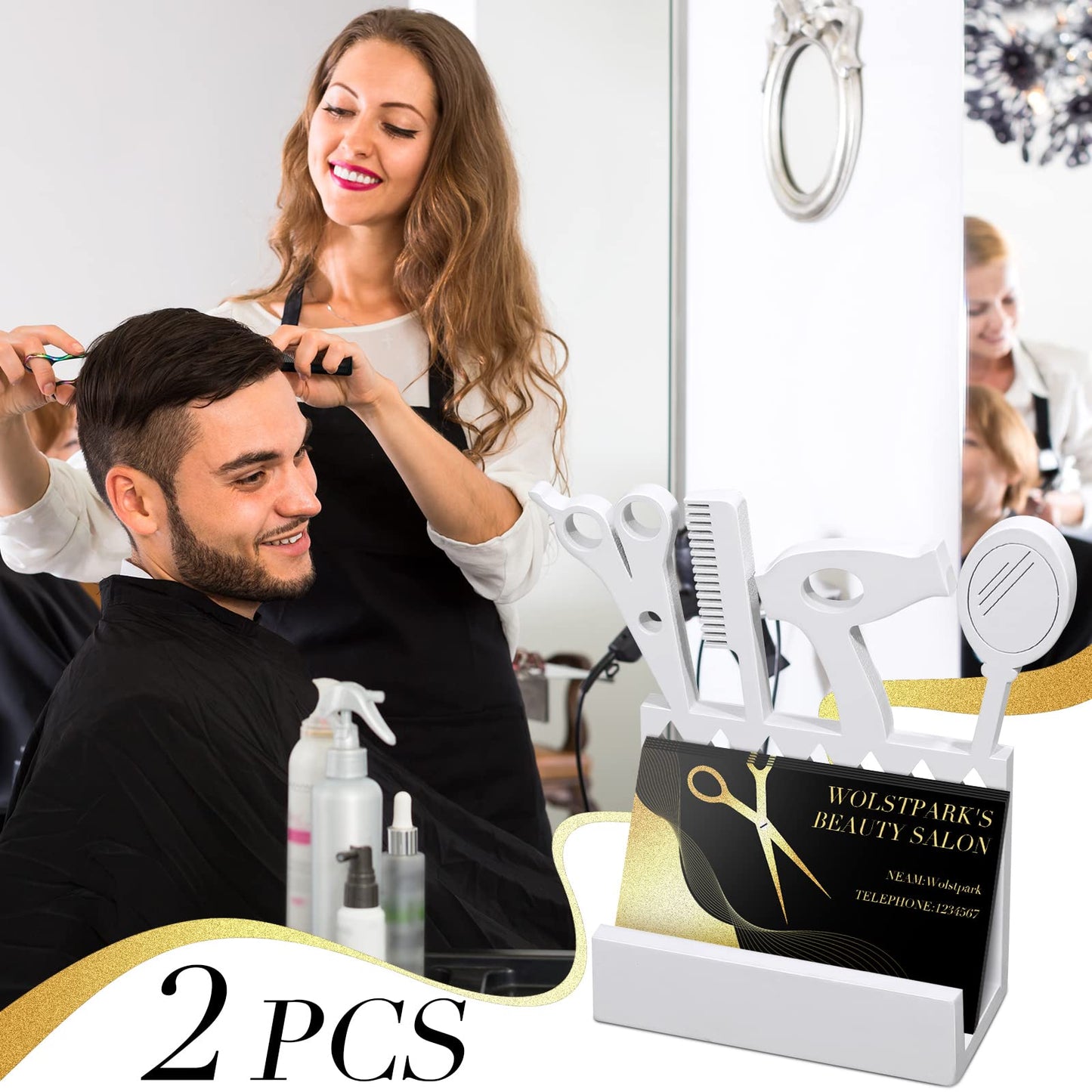 Lincia 2 Pcs Hair Stylist Business Card Holder Wooden Display Business Card Stand for Desk White Salon Gift for Beautician Hair Dresser Office Reception Tabletop Counter