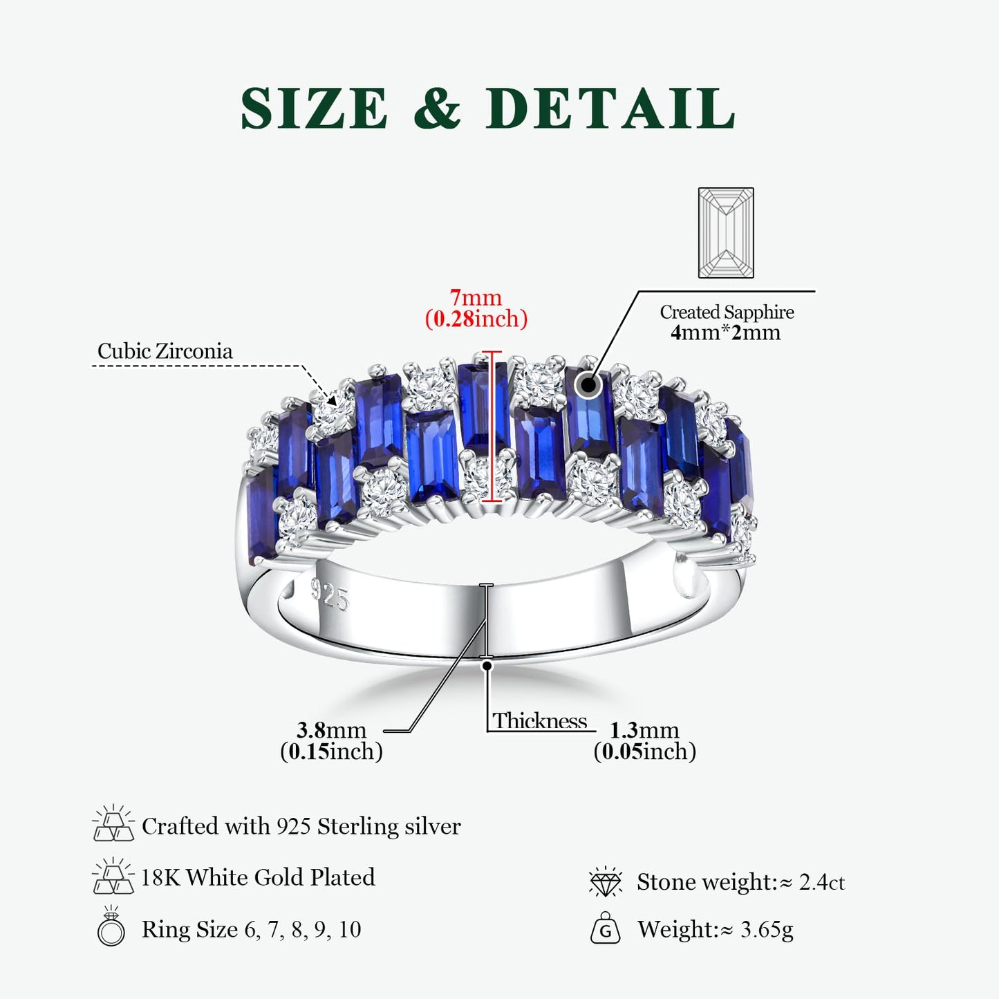 RANDES Sapphire Eternity Band Rings for Women Baguette Wedding Band 925 Sterling Silver Blue Stone Ring Anniversary Jewelry Size 7