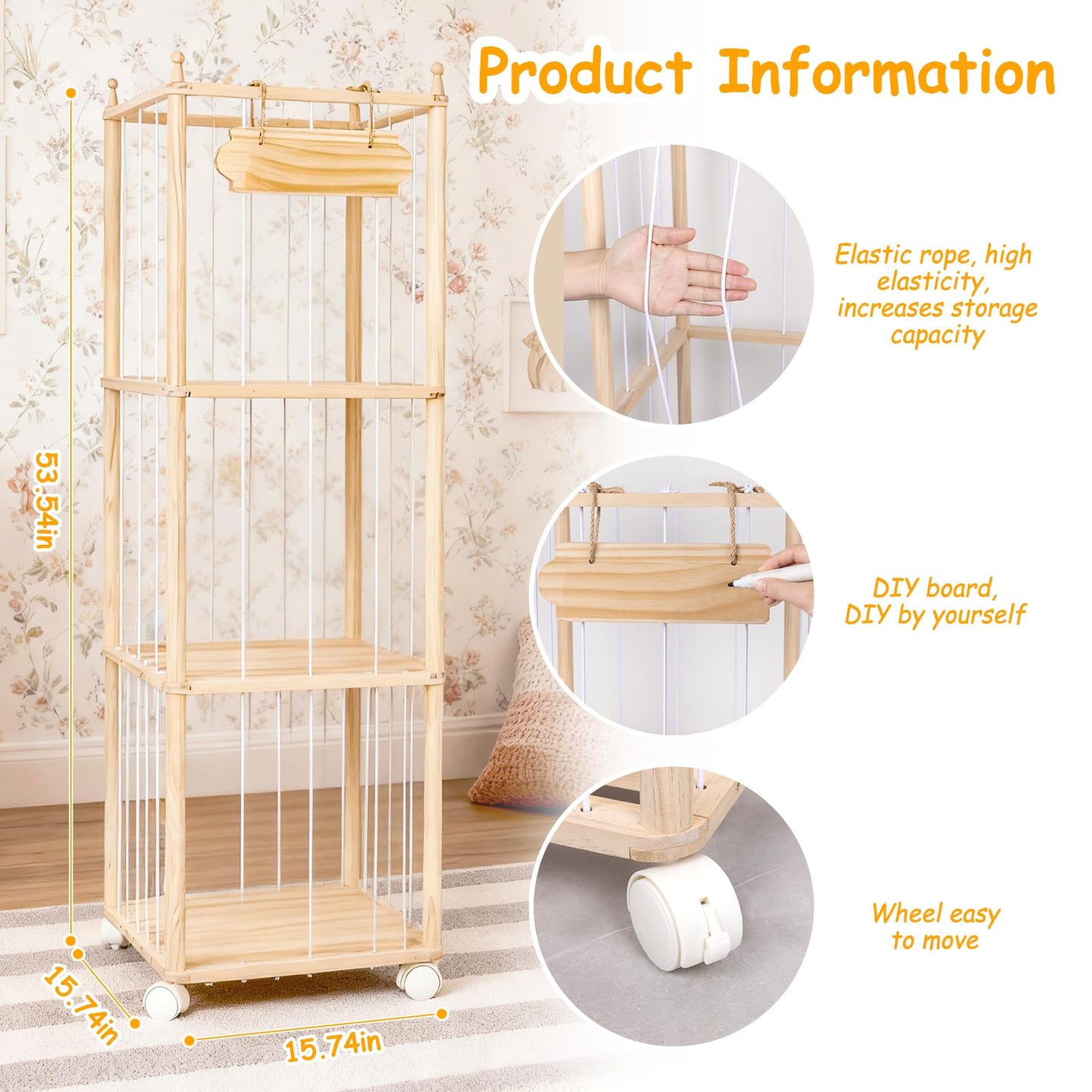 Stuffed Animal Toy Storage - Wooden Large Organizer Holder for Kids' Room and Playroom - Plush Zoo Animals Holder with Elastic Cords & Brake Wheel for Toddler Bedroom Toys Stuff Organization