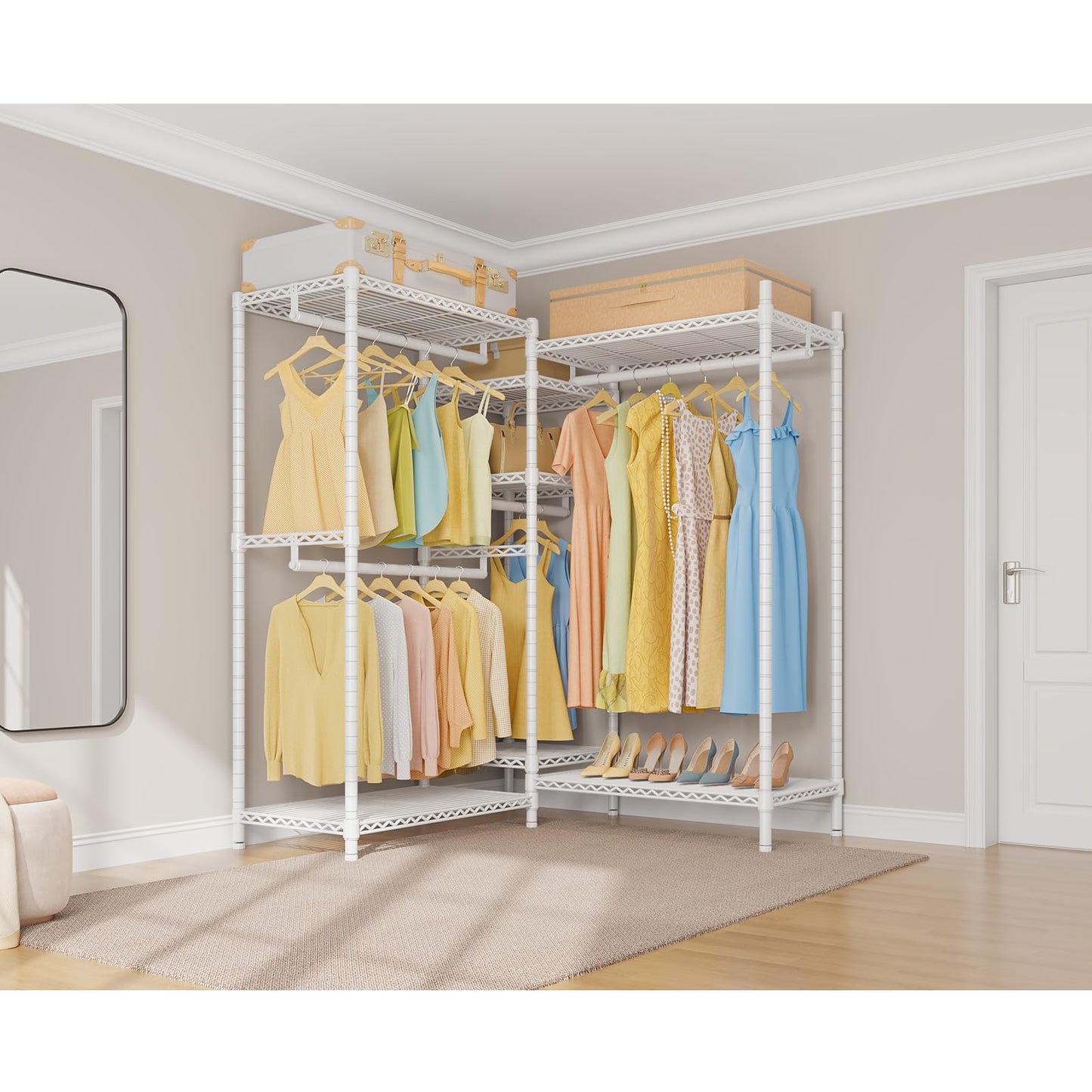 VIPEK L6 Heavy Duty Clothes Rack L Shape Clothing Rack 5-Tier Wire Garment Rack Freestanding Closet with 7 Adjustable Shelves & 4 Hanging Rods, 42.1" L x 42.1" W x 76.4" H, Max Load 850LBS, White