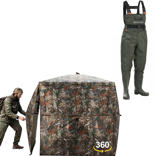 Fishing Waders for Men Women with Boot Hanger, Waterproof Phone Case Size 12 + Hunting Blind 360 Degree See Through Ground Blind - 2-3 Person Pop Up Deer Blind for Hunting with Carrying Bag