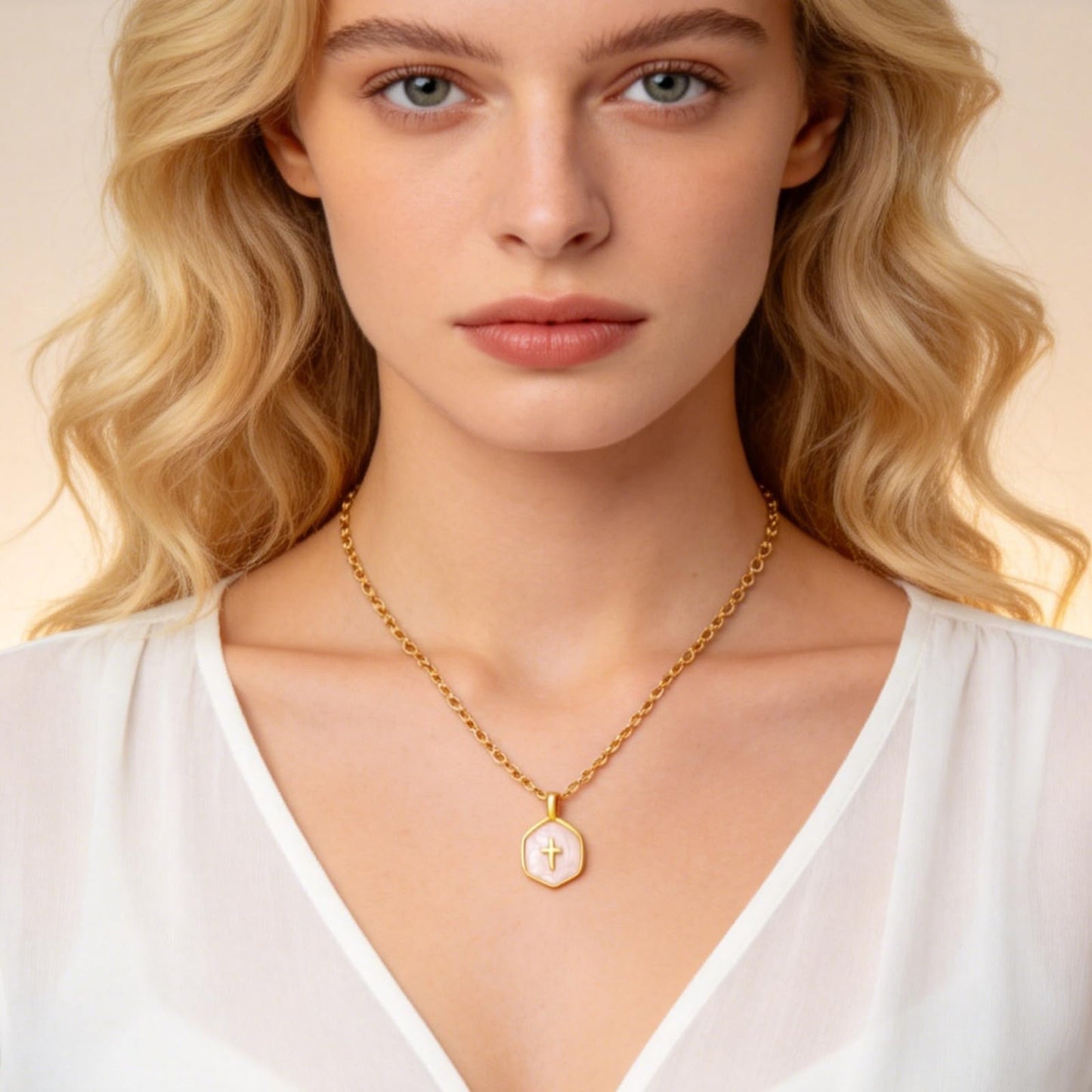 MAIKERDER Cross Necklace for Women, 14K Gold Plated Dainty Small Cross Necklace with Disc Pendant, Cute Simple Gold Cross Charm Necklaces for Women Christian Non Tarnish 16 Inches