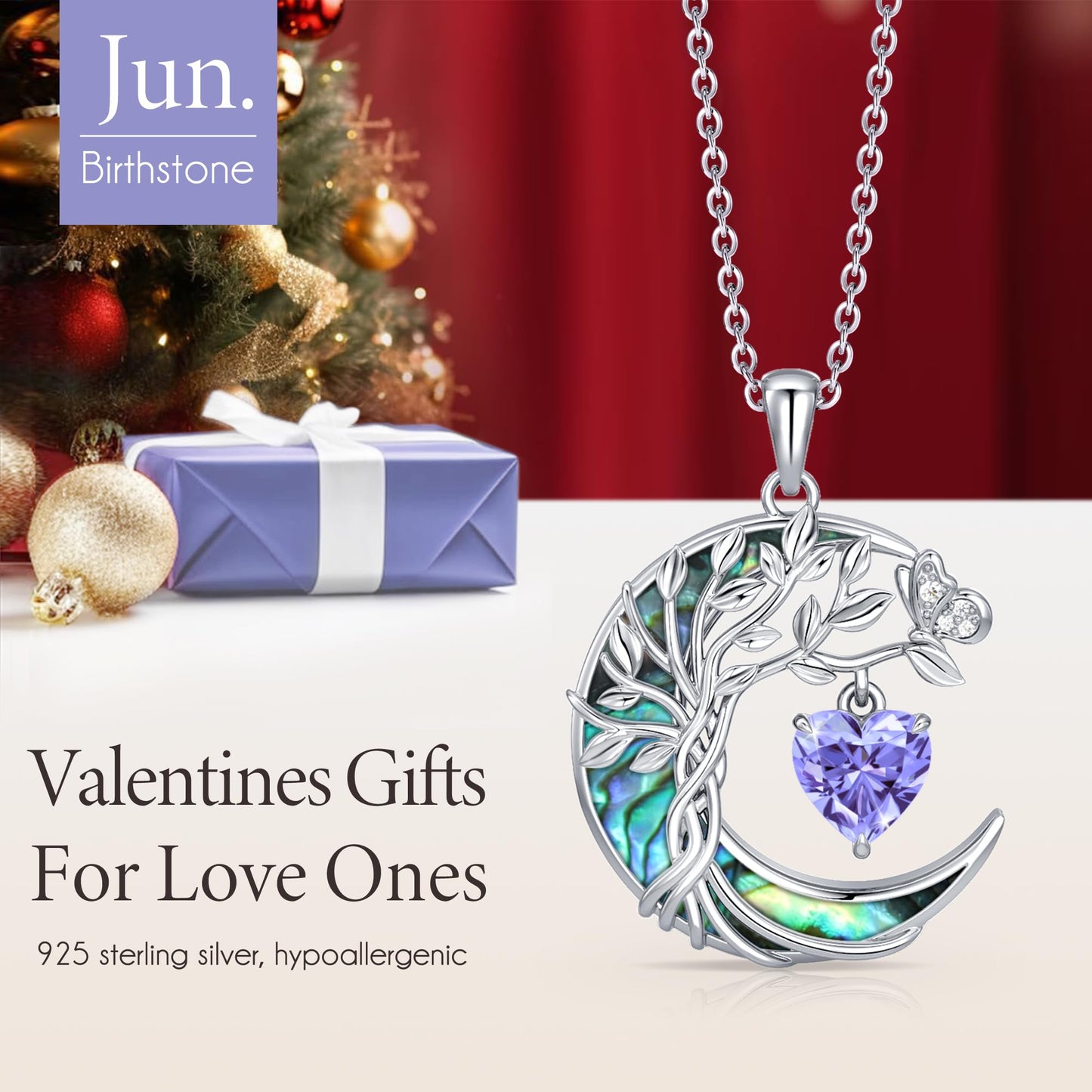 Distance Tree of Life Birthstone Necklace for Women, S925 Sterling Silver Premium Abalone Shell Moon Pendant June Heart Birthstone Necklace, Alexandrite Jewelry Christmas Birthday Gifts for Her Wife