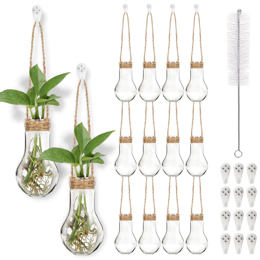 Baderke 12 Pack Hanging Propagation Station 3.9 Inch Plastic Plant Vases with Hooks & Cleaning Brush Clear Window Jars for Plant Clippings, Home Office Decor, Gardening Gifts for Women