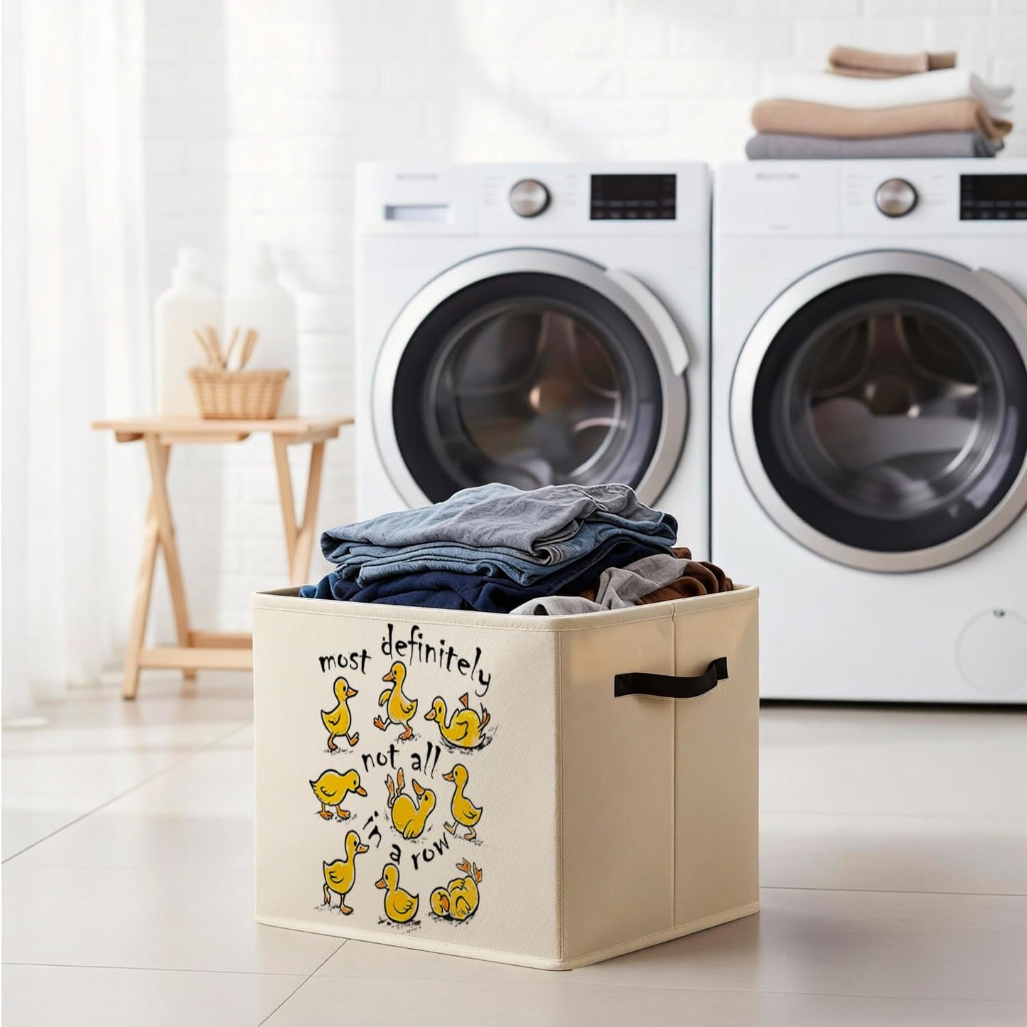 MNKVITMEAK Funny Yellow Duck Storage Bin Box with Handles, Most Definitely Not All in a Row Foldable Baskets Organizer for Bedroom Bathroom Kids Room Clothes Toys Books, Toybox for Boys Girls