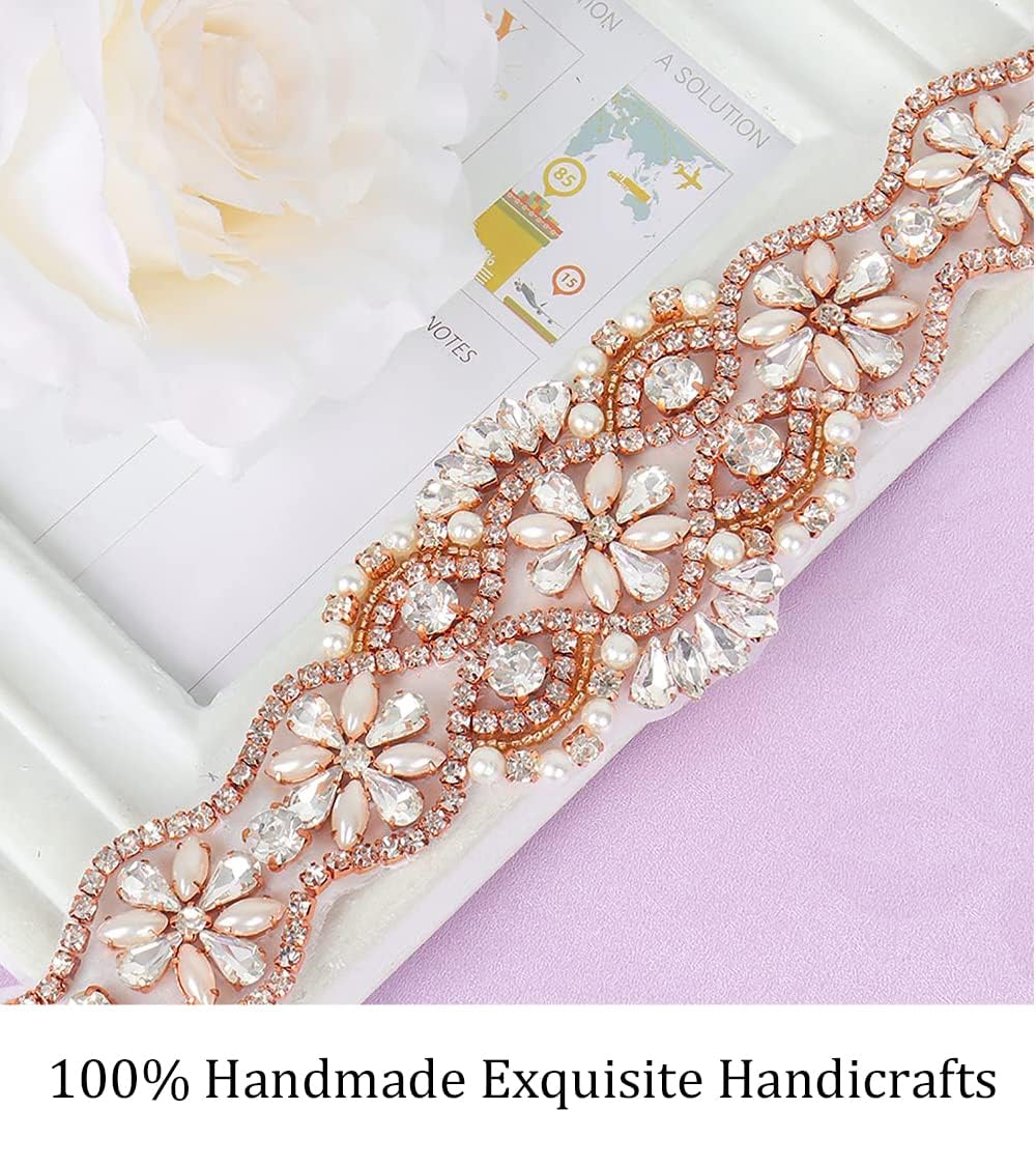Pardecor Rhinestone Applique Wedding Bridal Sash Belt Dress Belt Sashes For Wedding Dress Crystal (181 Rose Gold)