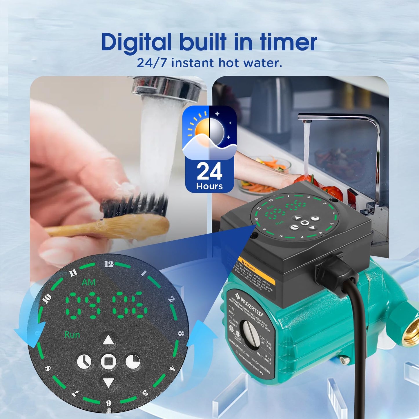 PROZRTED Instant Hot Water Circulating Pump with Built-in Digital Timer and Adjustable Thermostat Control Valve (From 68°F to 118°F),10 ft Cord, 2 Supply Lines