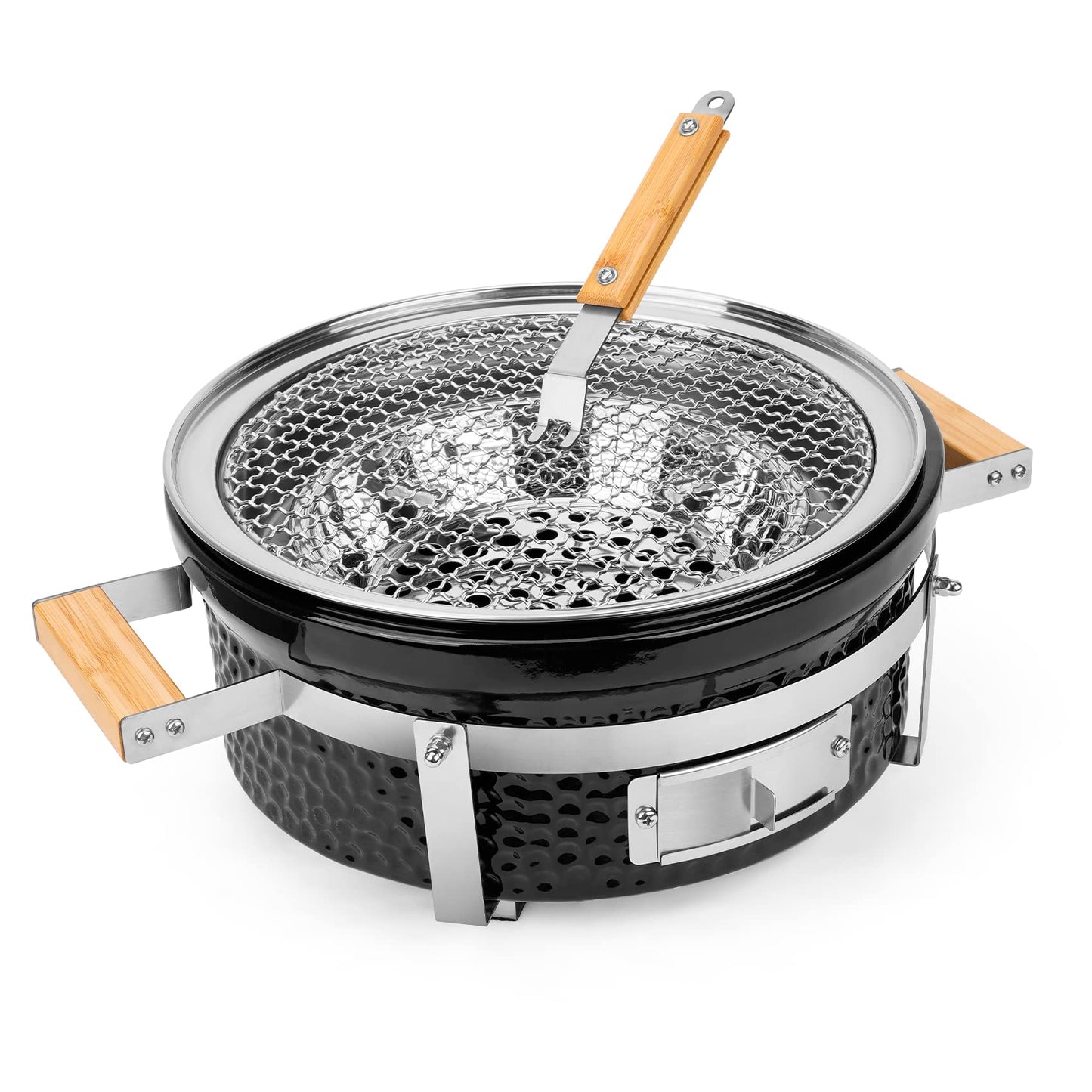 ONLYFIRE GRILLS Ceramic Hibachi Charcoal Grill with Grid Lifter, 14" Portable BBQ Yakitori Grill with Stainless Steel Grate for Outdoor Patio Backyard Barbecue Cooking, GS305