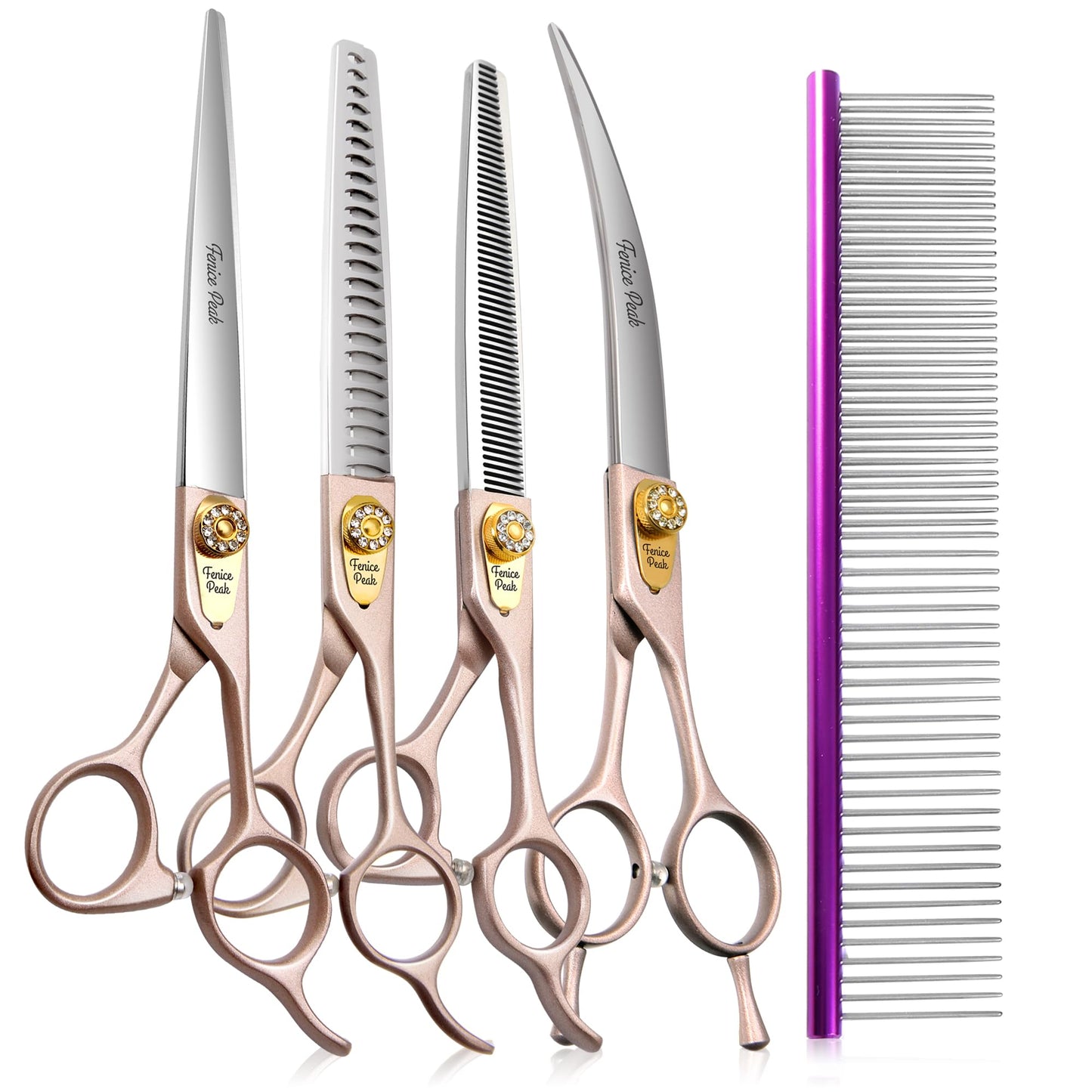Fenice Peak 7.5‘’ Professional Dog Grooming Scissors Set Rose Gold 440C Stainless Steel Straight Thinning Curved Chunker Shears 4pcs Set for Pet Grooming Services Dogs and Cats
