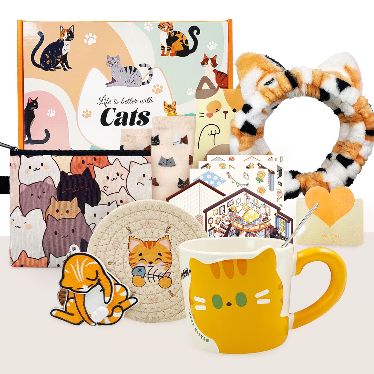SNAIL GARDEN 10PCS Cat Gifts for Cat Lovers, Cat Gifts for Women with Ceramic Mug, Coaster, Coin Purse, Headband, Keychain, Socks, 3D Miniature Sticker, Cat Mini Box, Greeting Card & Gift Box
