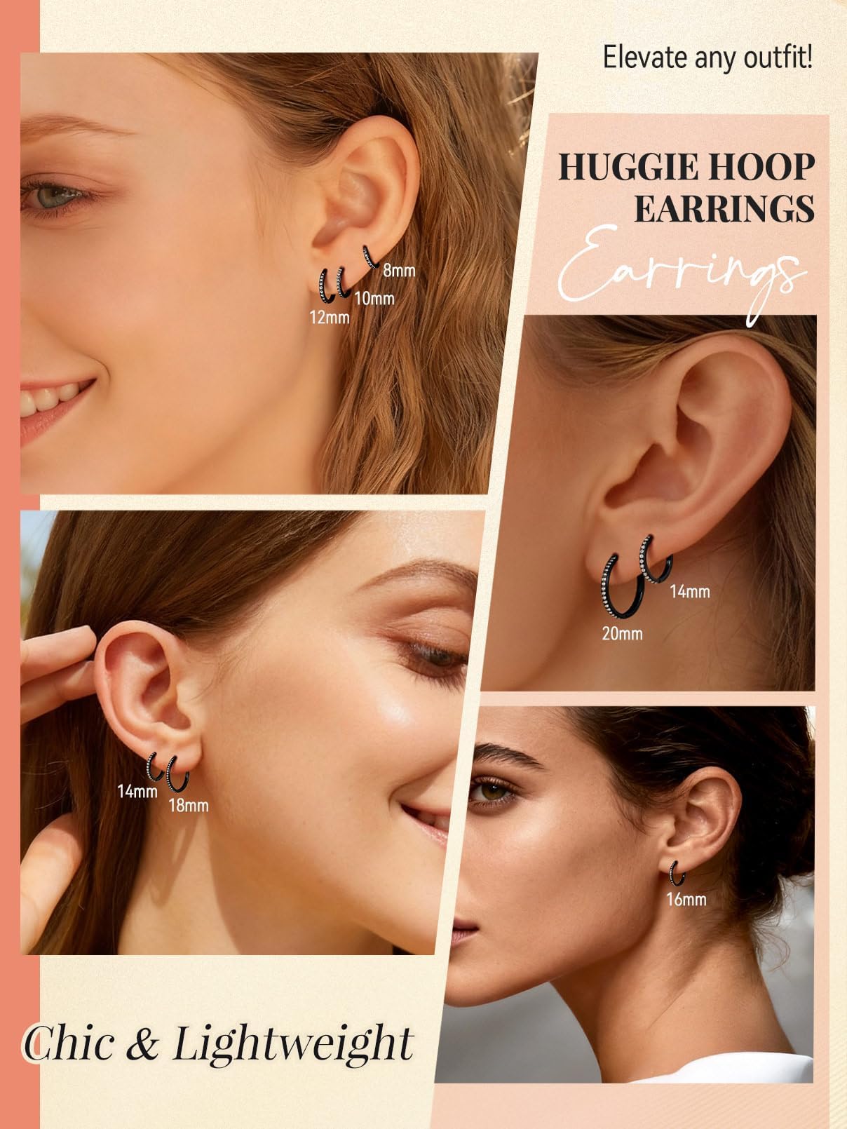 FaithHeart Cubic Zirconia Hoop Earrings for Women, Black Hypoallergenic Huggie Hoop Earrings, Small Cartilage Earrings for Women 8mm, Send Gift Box