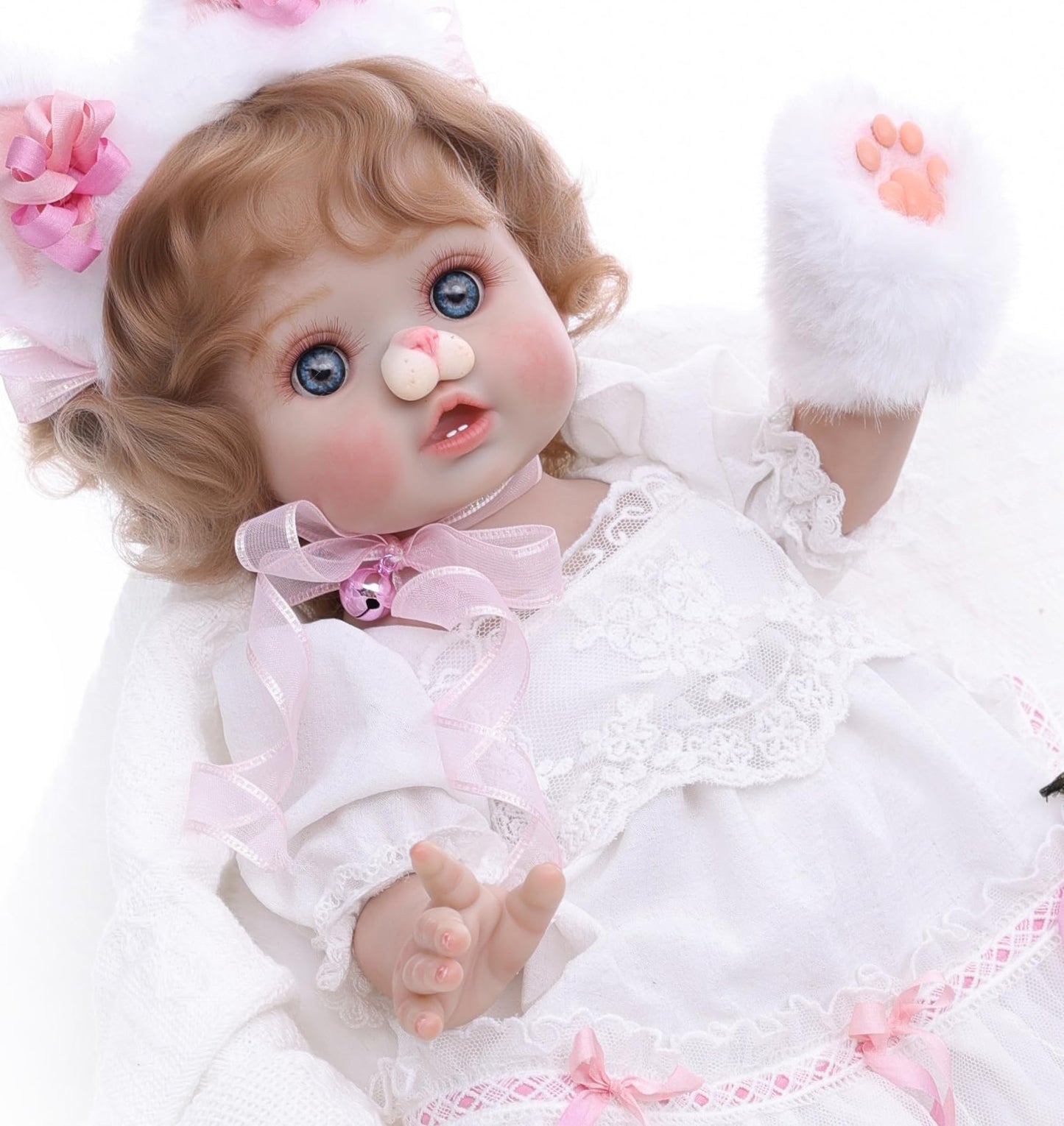 Cloveray Baby Doll, 18 Inch Realistic Reborn Toddler Real Life Baby Dolls with White Lace Dress, Magnetic Cat Nose, Fluffy Paw Mitten & Tail, Premium Collectible Gift for 3+ Year Old Girls