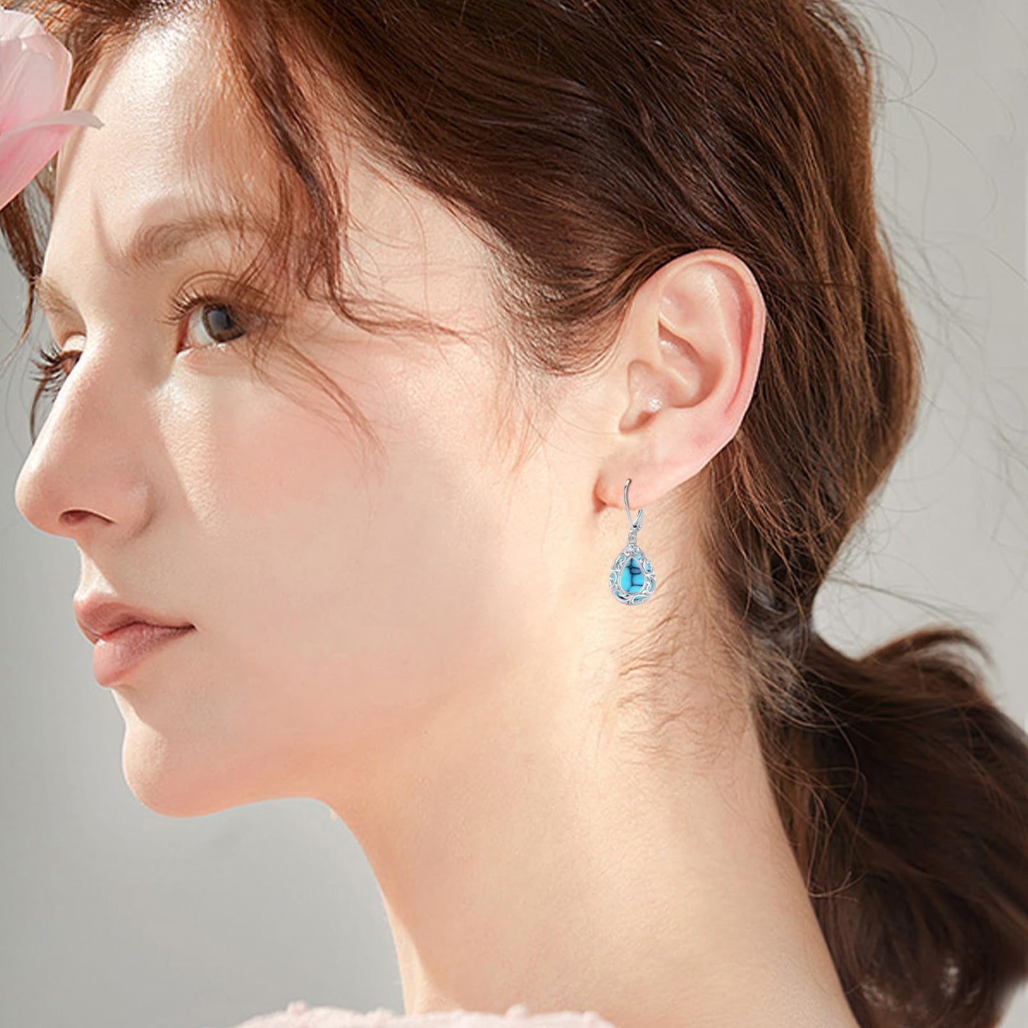 KoyeKei Filigree Turquoise Leverback Earrings for Women 925 Sterling Silver Turquoise Teardrop Dangle Drop Earrings Filigree Jewelry Birthday Graduation Gifts for Lover Her Best Friend