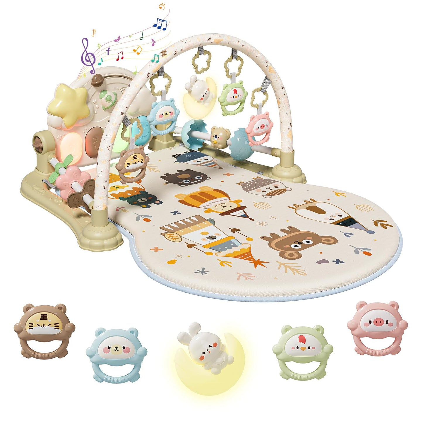 YOULEBITOYS Baby Play Gym Mat - Funny Play Piano Activity Playmat with 5 Infant Learning Detachable Toys for Sensory Development, Music and Lights Tummy Time Mat Newborns Gifts for 0-12 Months