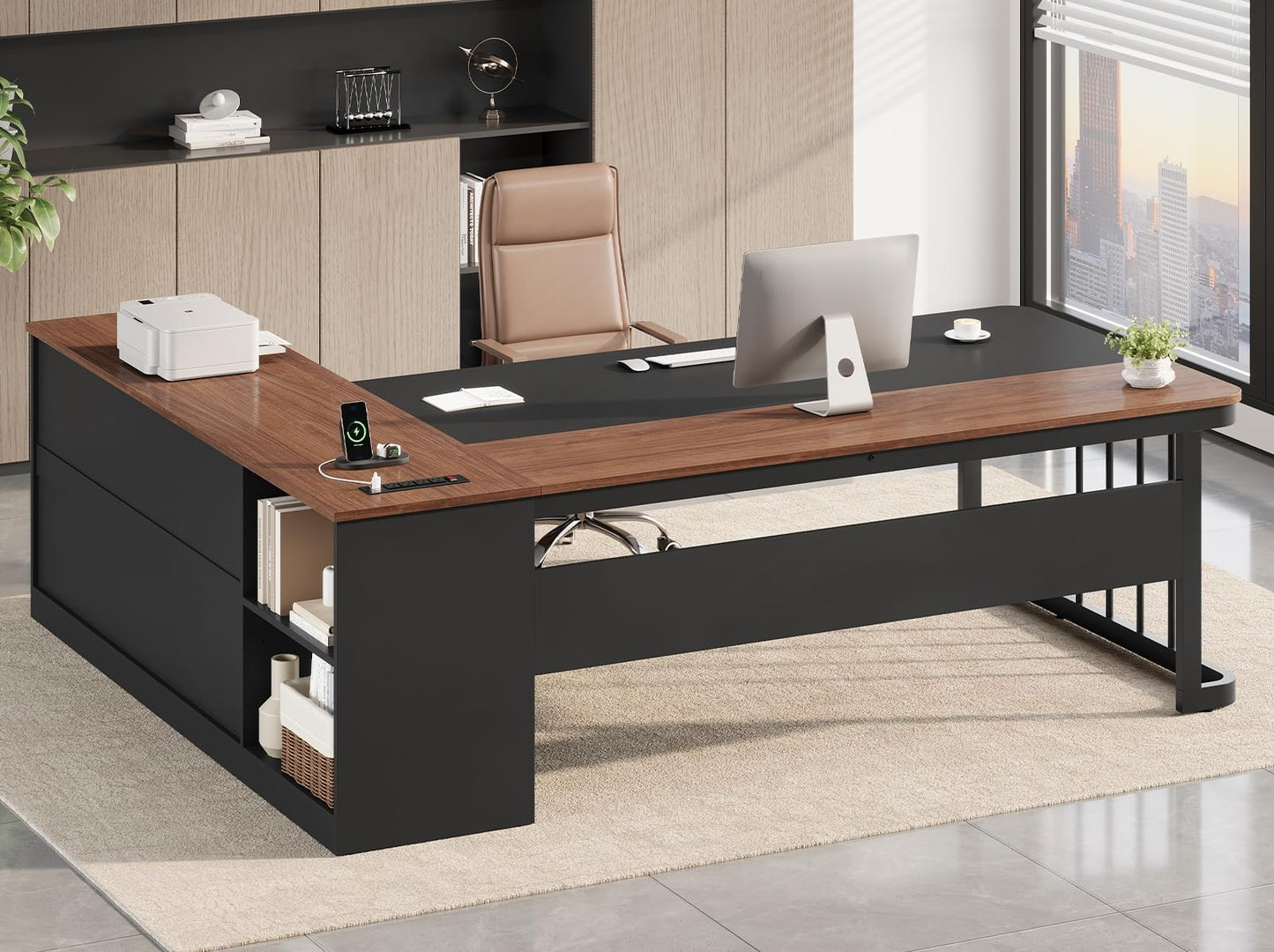 UPOSOJA 71" Executive Desk, Large Office Desk with Drawers & Storage Shelves, Modern L Shaped Computer Desk Corner Desk with Power Outlets, File Cabinet, Business Furniture Desk Workstation (Walnut)