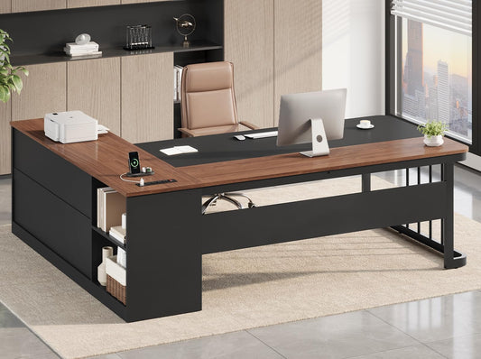 UPOSOJA 71" Executive Desk, Large Office Desk with Drawers & Storage Shelves, Modern L Shaped Computer Desk Corner Desk with Power Outlets, File Cabinet, Business Furniture Desk Workstation (Walnut)