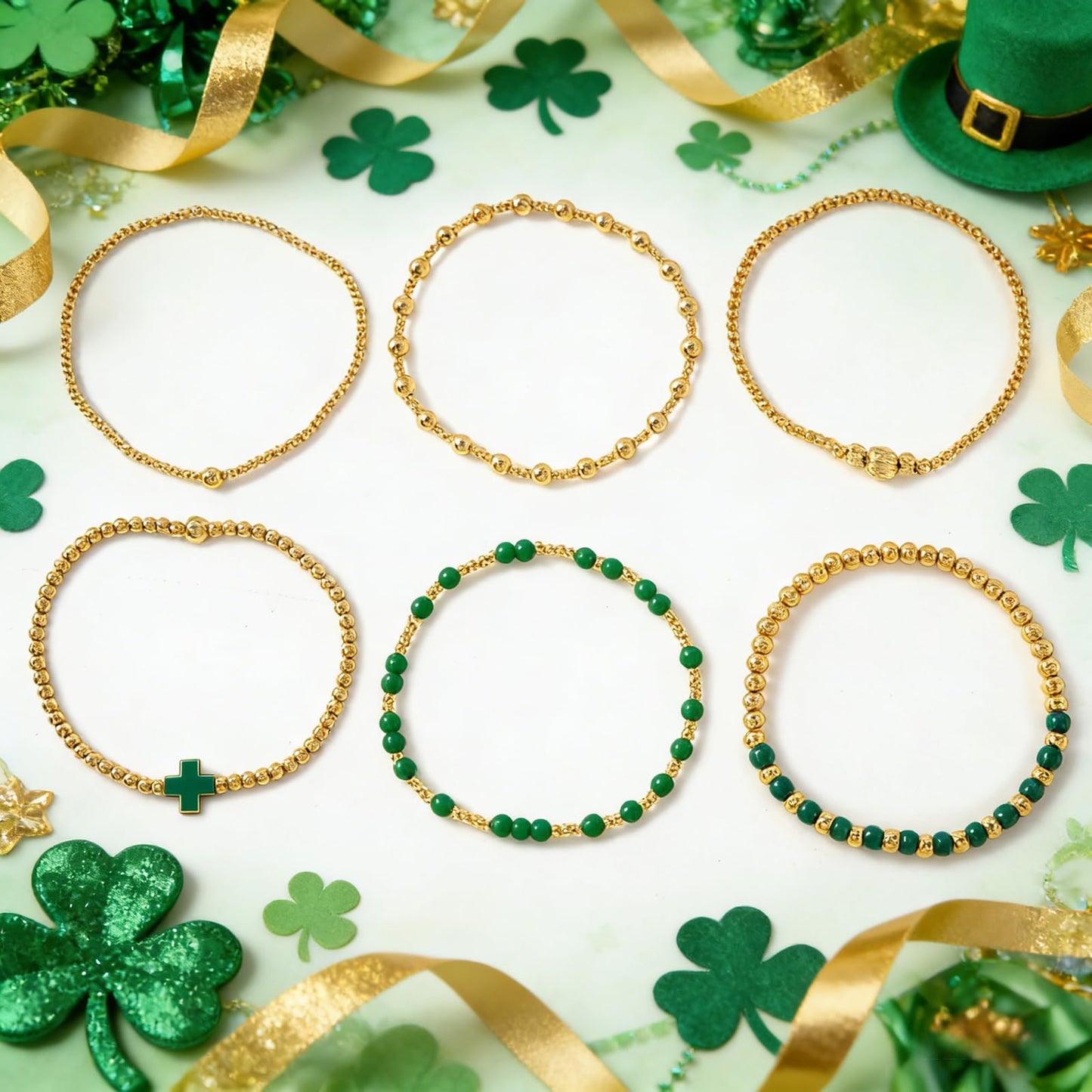 St. Patrick's Day Bracelets for Women,Gold Green Cross Beaded Bracelet Stack,Handmade Green Beads Stretch Stackable Bracelets Set Fashion Festival Party Saint Patricks Day Accessories Outfits Jewelry Gifts