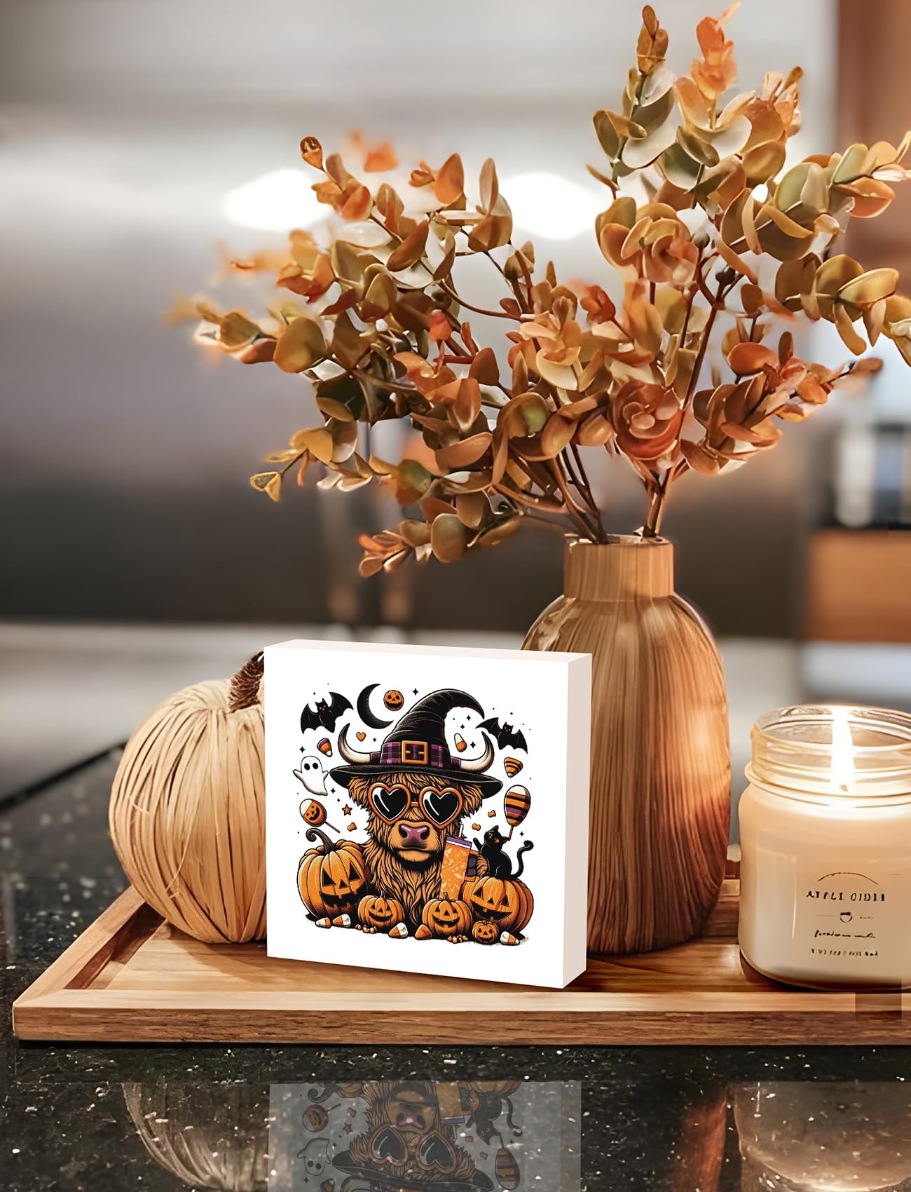 Foritho Funny Halloween Witch Highland Cow Wooden Box Sign Plaque, Halloween Wood Signs for Home Office Desk Shelf Table Decor, Witchy Halloween Decor, Halloween Decorative Signage,5x5 Inch