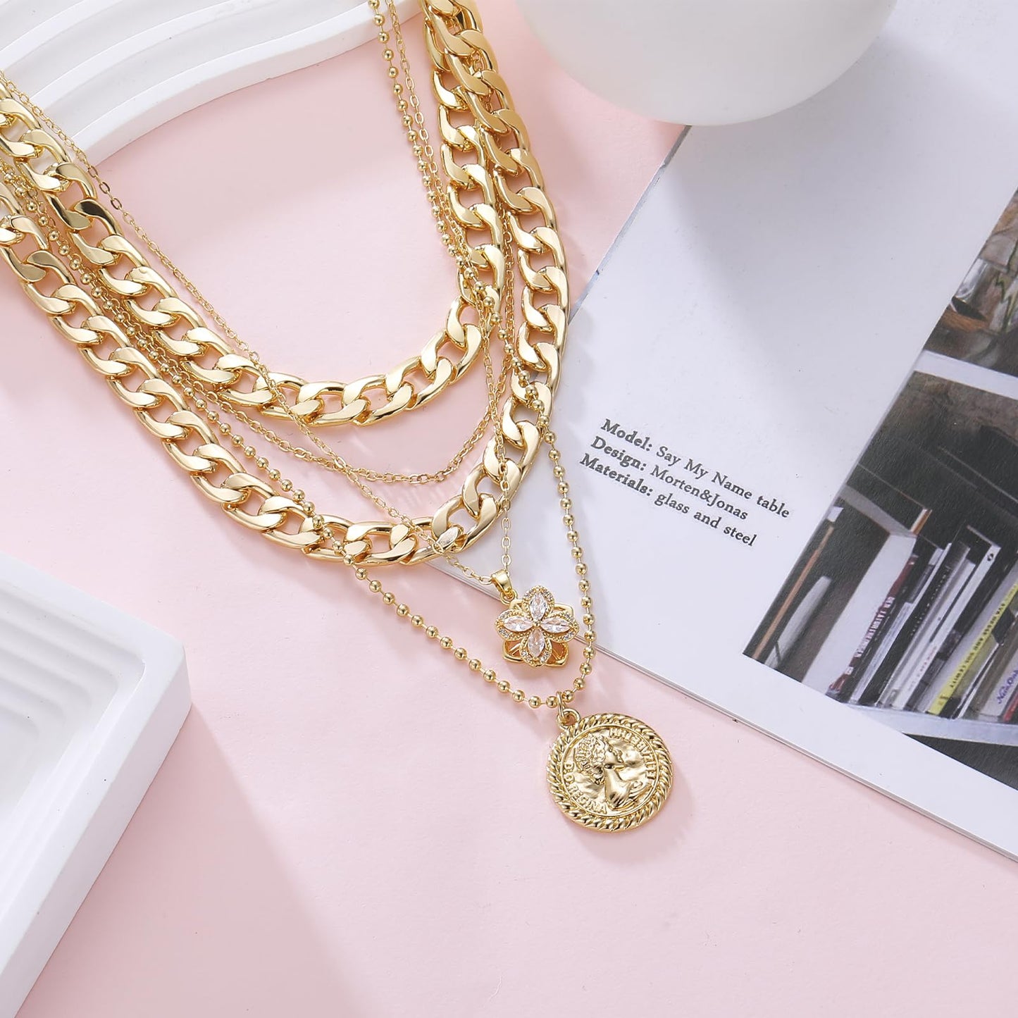 MJartoria Gold Layered Necklaces for Women Trendy Retro Coin Pendant Necklace Dainty Chunky Chain Choker Necklaces for Jewelry Birthday Gifts (Gold, A-Z-Rotatable Clover+Rhinestone-5 in 1 Layered)