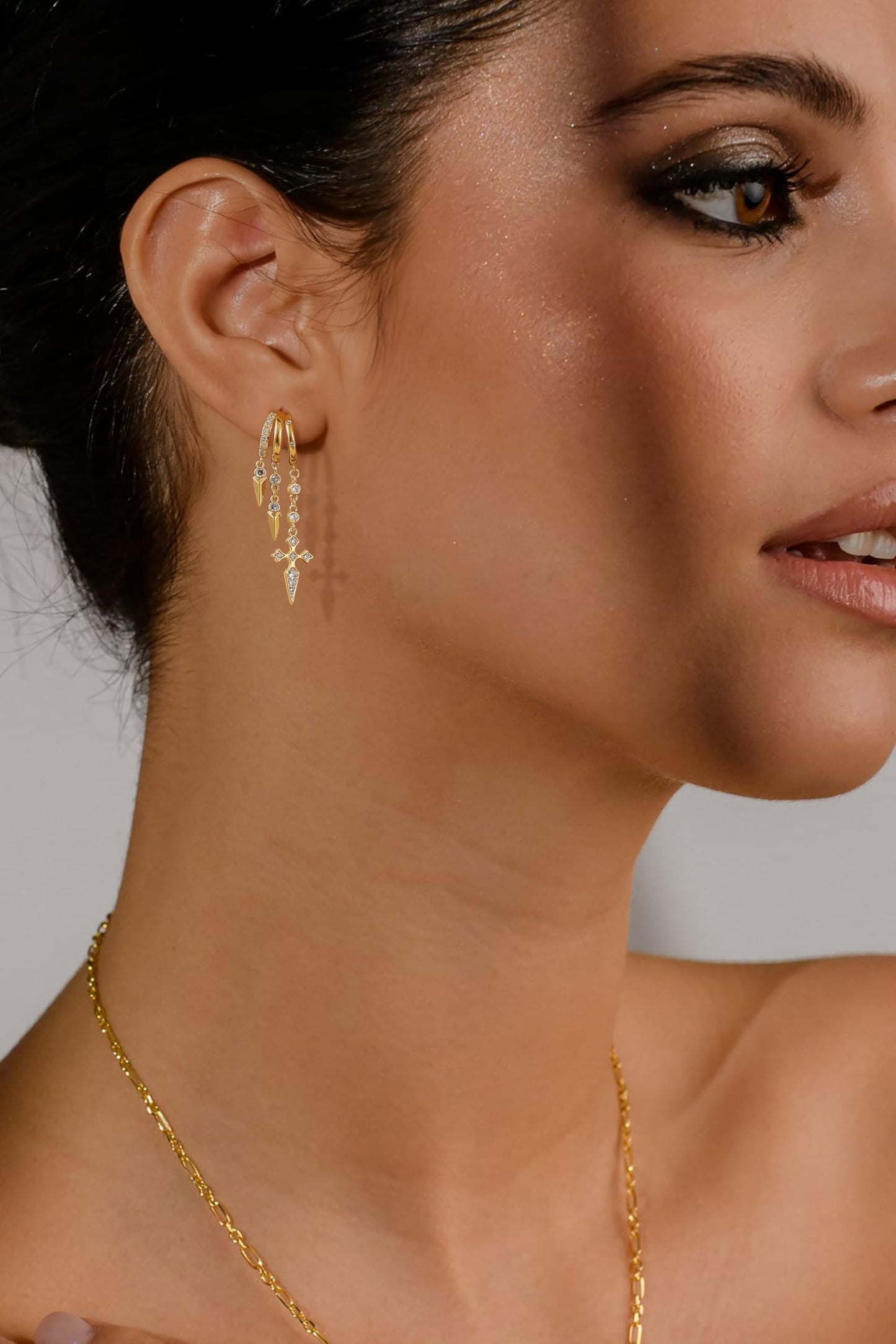 Freekiss Gold Cross Dangle Earrings for Women, 3 Hoop Illusion Huggie Drop Earring Set with Zircon, 14K Gold Plated Hypoallergenic Stud Earrings Gothic Jewelry for Women