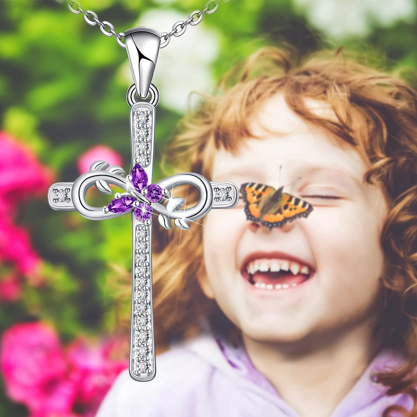 Distance Cross Necklace for Women 925 Sterling Silver Infinity with Butterfly Pendant Necklace for Mom Wife Gift for Mother's Day or Birthday