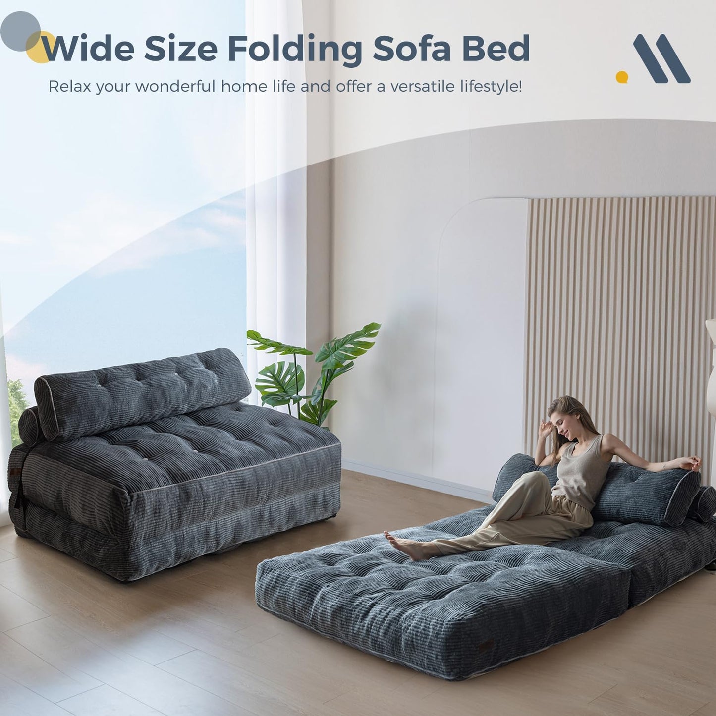 MAXYOYO Folding Sofa Bed, Convertible Sleeper Chair with Pilow Foldable Matress with Back Support, Portable Fold Out Chair Bed Comfy Floor Sofa Lounge for Living Room Bedroom, Dark Grey, Double