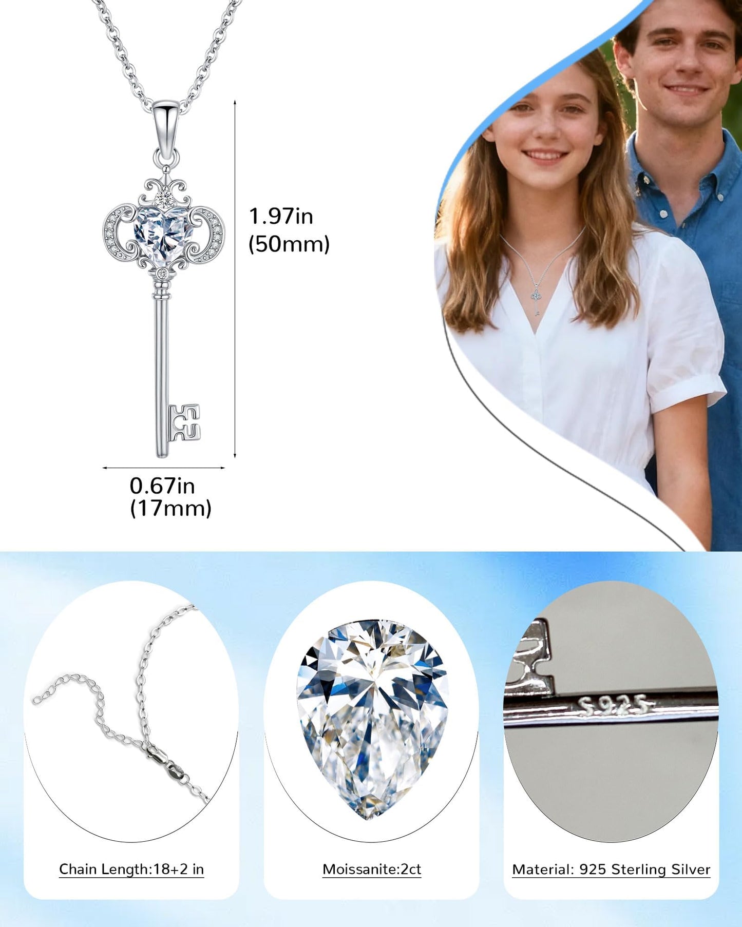 2 Carat Heart Moissanite Necklace 925 Sterling Silver Jewelry AAAAA Cubic Zirconia Key Pendant Necklace Best Gifts for Mom Women Girlfriend Grandma Friend Lover Her Wedding Birthday Anniversary Daily