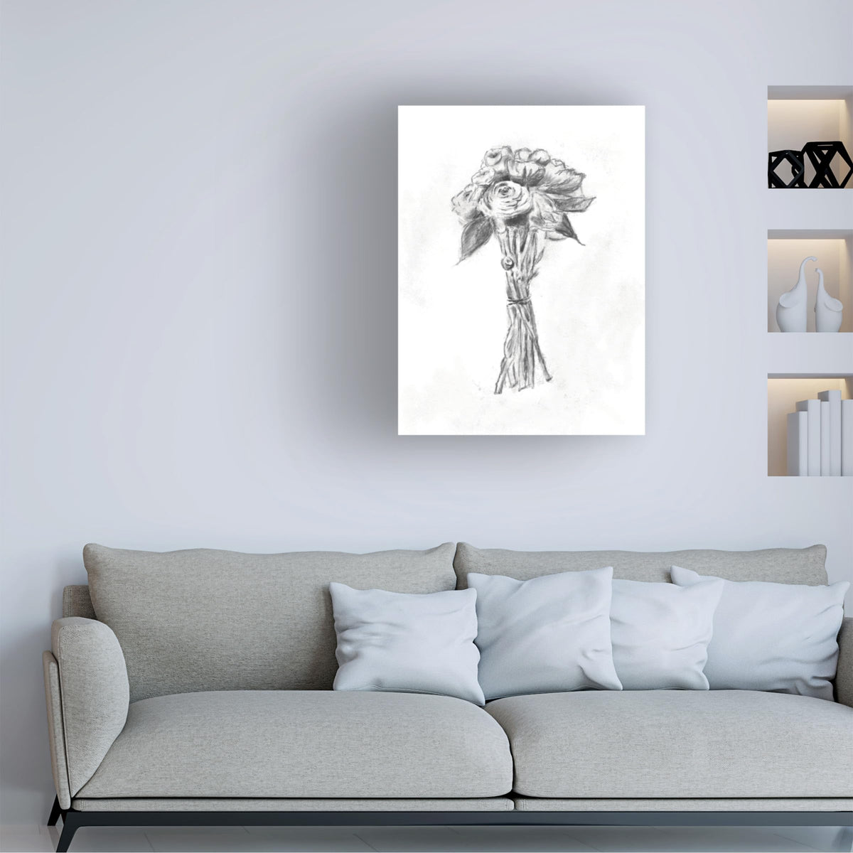 Trademark Fine Art Canvas Wall Art - Line and Brush 'Bouquet Charcoal' Wall Art for Living Room, Bedroom, or Office Décor
