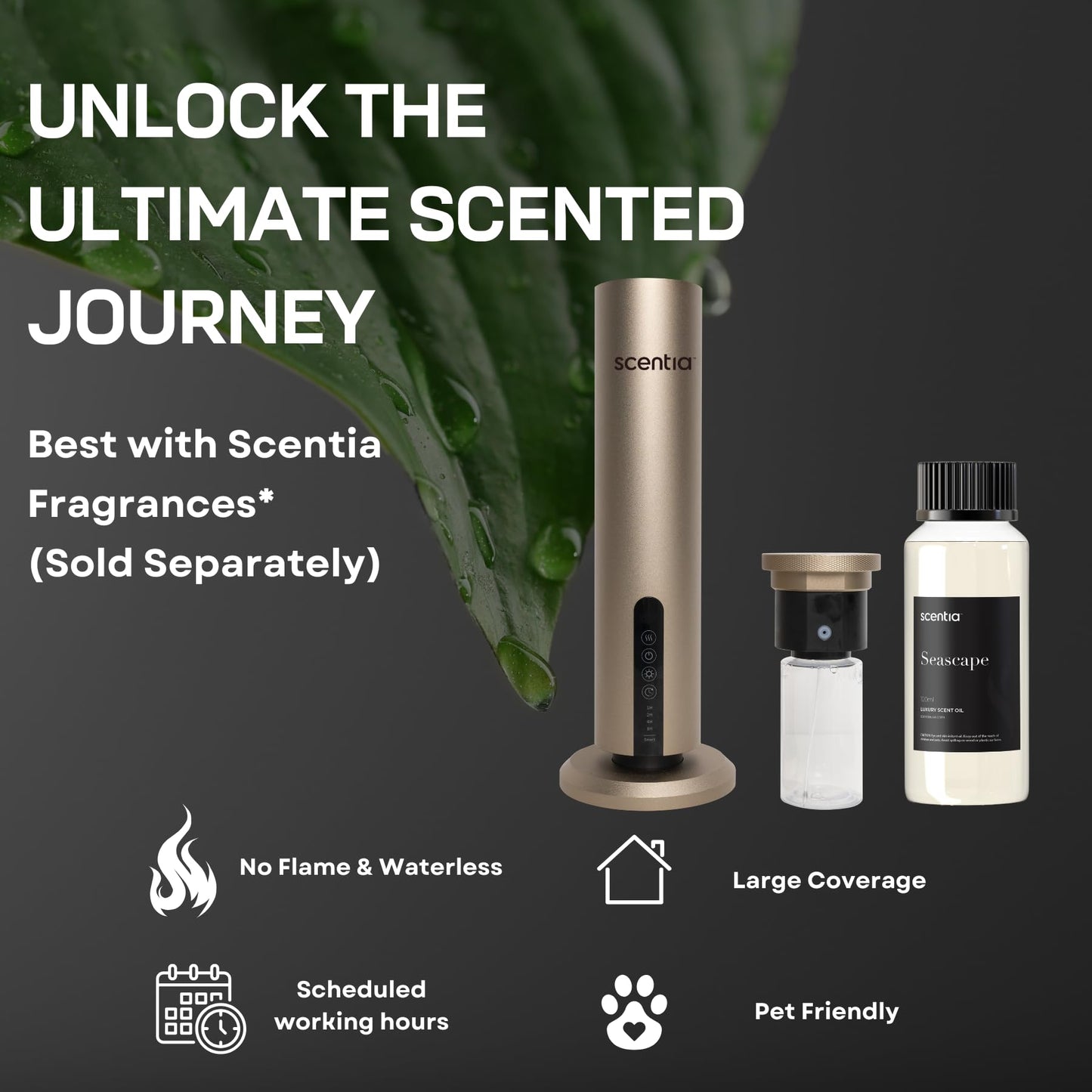 Scentia Wireless Waterless Hotel Scent Diffuser | Includes Premium USA-Made Oil Blend | App Controlled, Cordless | Home, Office, Spa, Aromatherapy | Covers 1500 Sq Ft | 72 Hrs in 1 Charging | Gold