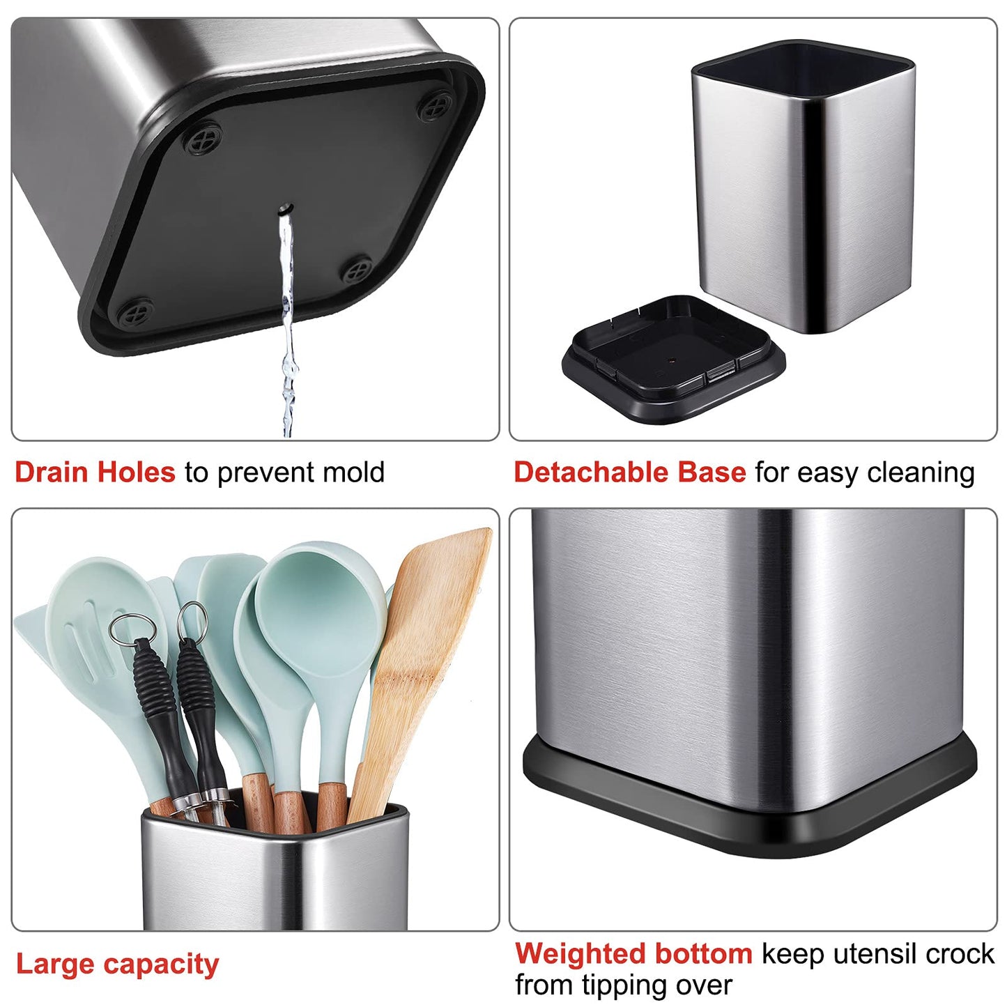 RedCall Stainless Steel Kitchen Utensil Holder for Countertop, Spoon Spatula Organizer,Modern Rectangular Large Cooking Utensil Caddy Counter,Utensil Crock Silver