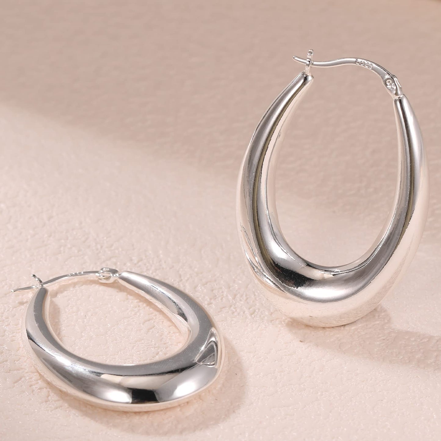 PABBEU Chunky Silver Hoops Earrings for Women, Hypoallergenic Lightweight 925 Sterling Silver Oval Hoop Earring, Sterling Silver Thick Hoop Earrings for Women (30mm)