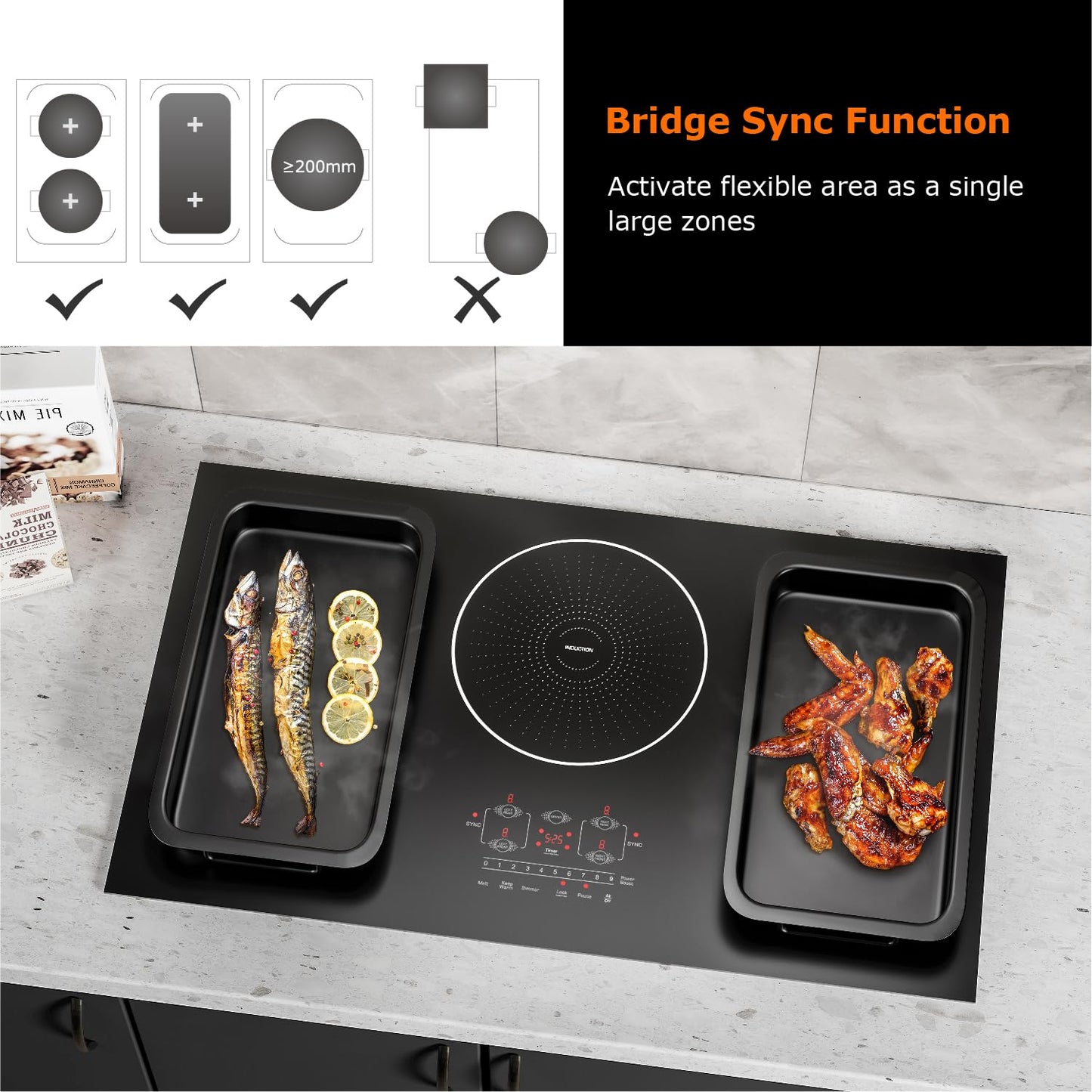BIGoods 36 Inch Induction Cooktop 5 Burners, Flat Glass Top Electric Stove Hob with Bridge-SYNC, 3 Preset Modes Booster, Timer, Pause, Child Lock, Drop in, 208~240V/50A, Black