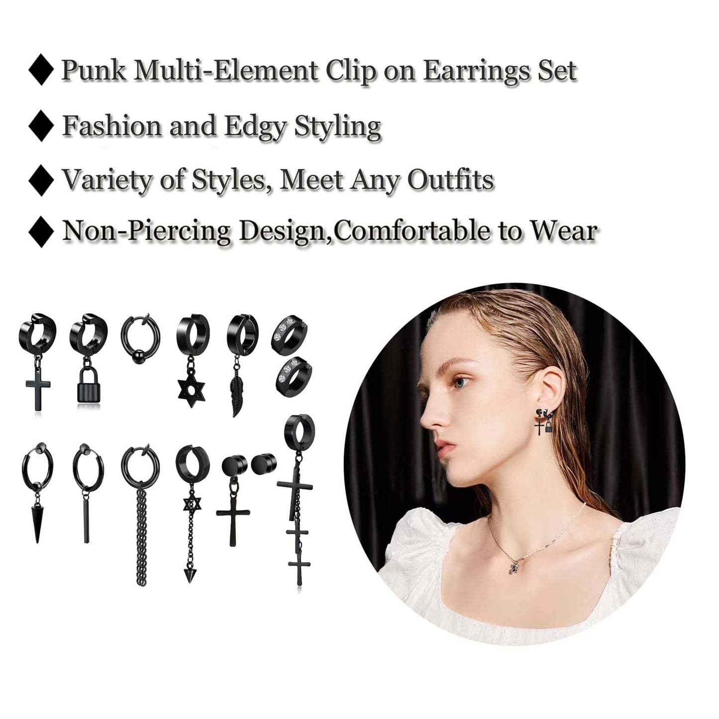 14 Pcs Black Goth Stainless Steel Non Pierced Fake Piercing Cross Feather Spike Awl Star of David Dangle Tassel Clip on Hoop Earrings Set Jewelry for Unisex